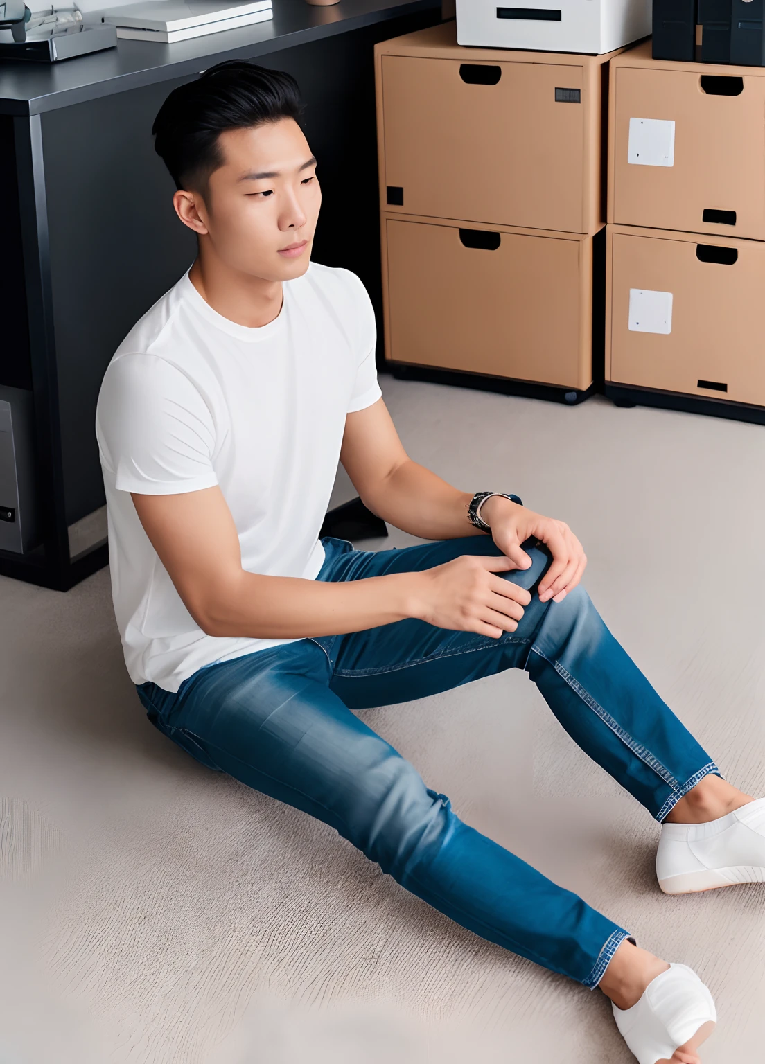 RAW Photos、extremely handsome male、(Detailed skin:1.2)、8K UHD、Digital SLR、Soft lighting、hightquality、Film grain、FUJI XT3、(((s Office)))、(((Man sitting on the floor)))、(((Man in Surreal))),