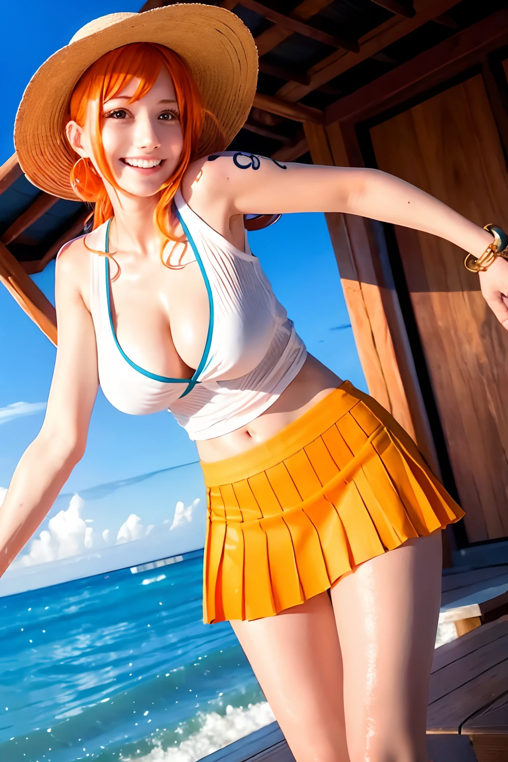 Nami\(one piece\)、orange hair、blue eye、thights、(tattoos:1.2)、Straw hat、white shirts、wet shirt、pleated skirt、treasure chest、Shining eyes、wet skin、bedroom、a smiling look, (full body shot), big breasts