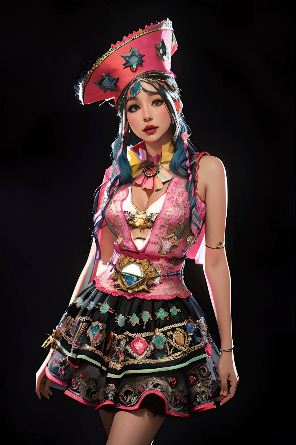 Una mujer con un vestido colorido y sombrero posando para una foto, Llevar un atuendo adornado, Traje intrincado, cosplay adornado, Intrincado estilo CGI de anime adornado, usando un vestido hecho de cuentas, Disfraz de joya, Patchwork doll, Intricate costume design, Render de Mirabel Madrigal, Hermosa obra de arte digital, Hermoso disfraz, Colorful and rich fantasy clothing, artdoll, hyperdetailed fantasy character