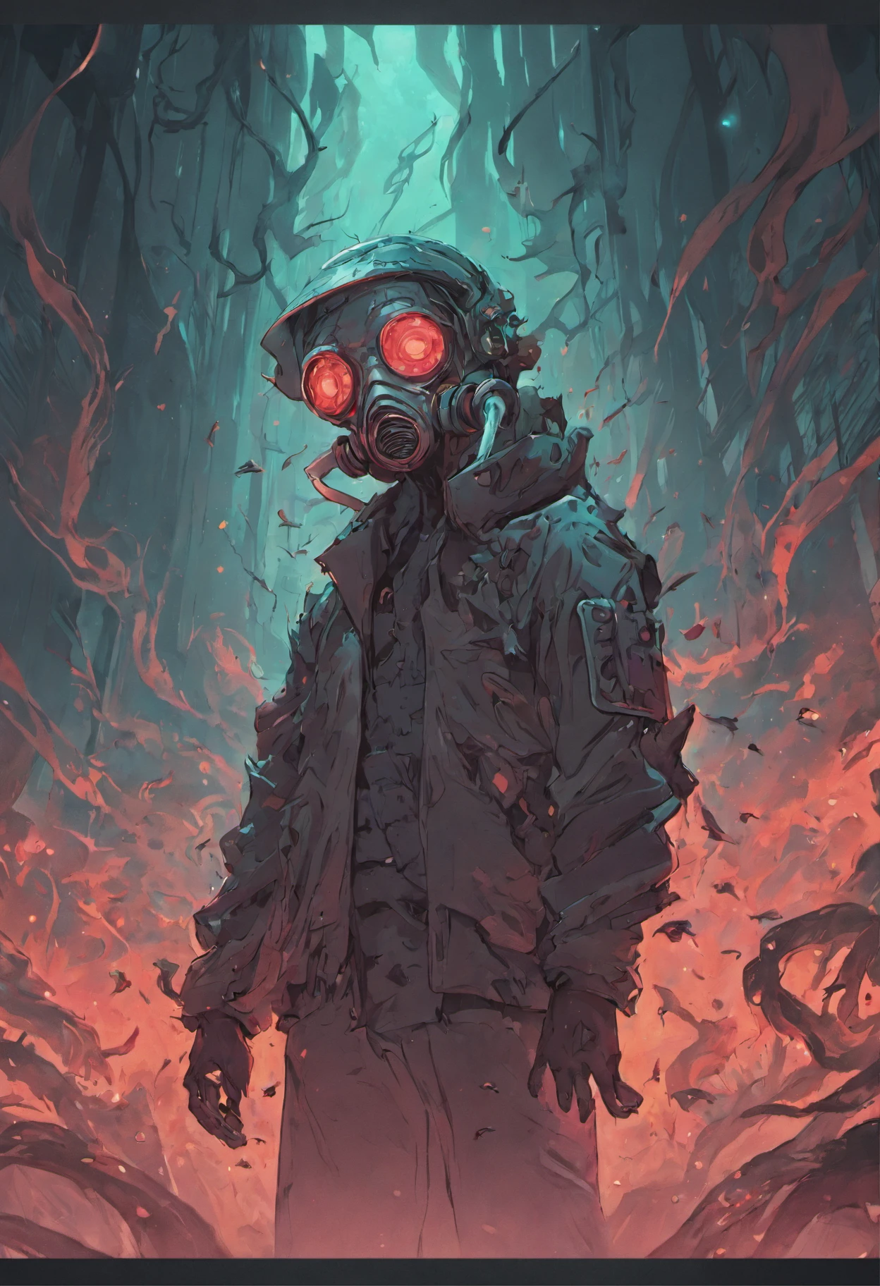 Amazing anatomy, (Fantastic Horror Perfect art, 64K Ultra HD: 1.1), (art by apterus, Art by Dan Mumford, The art of lovecraft: 1.2), Best quality, CGSesociety, humanoid creature, The gas mask fuses on the head, nuclear fallout, Dark, Dark, green glow, Hop Forest