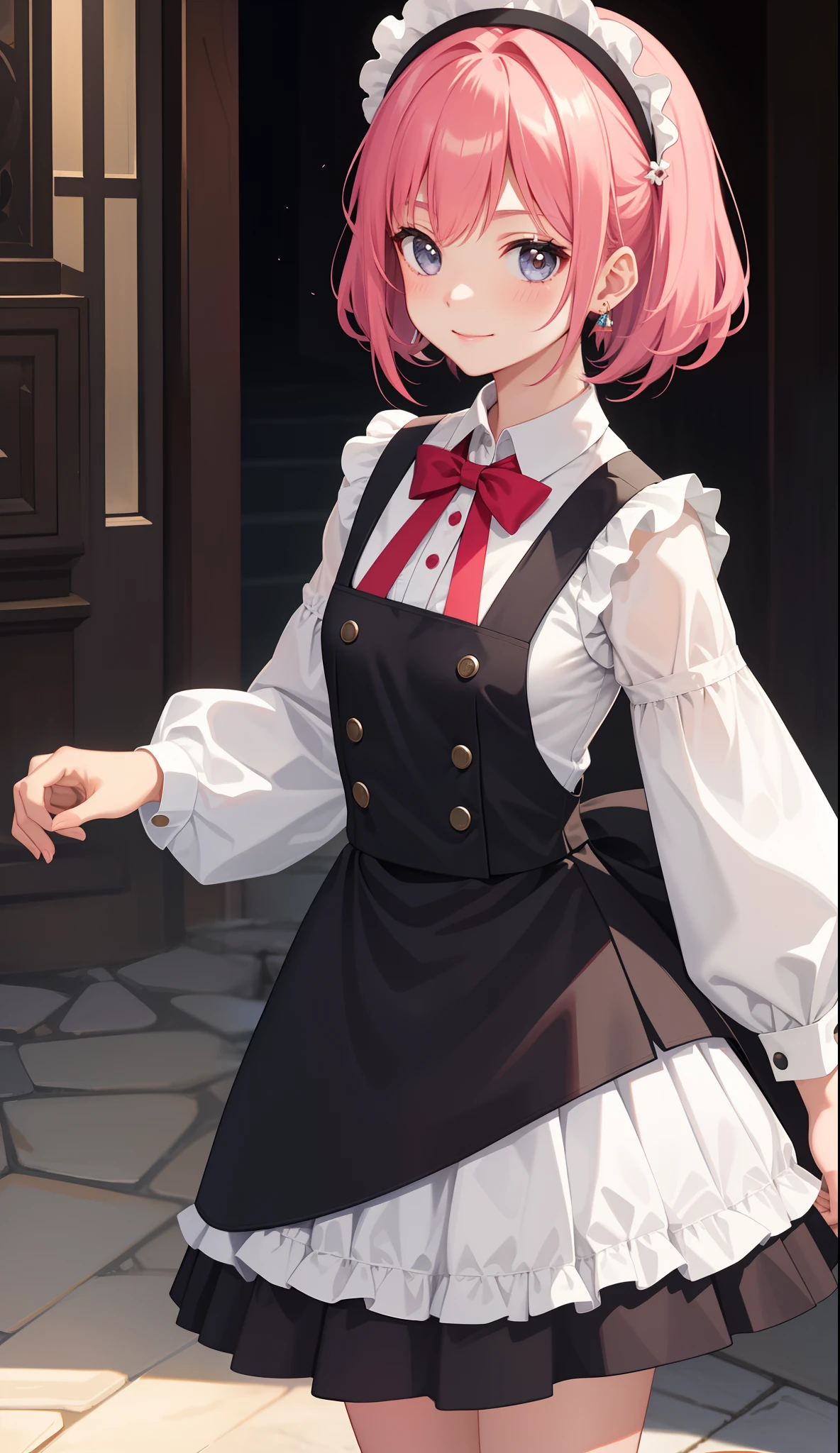 1girl in、AS-Adult、A smile、The shirt、skirt by the、(small tits)、doress、pinafore、hair adornments、(Maids)、Upper body portrait、