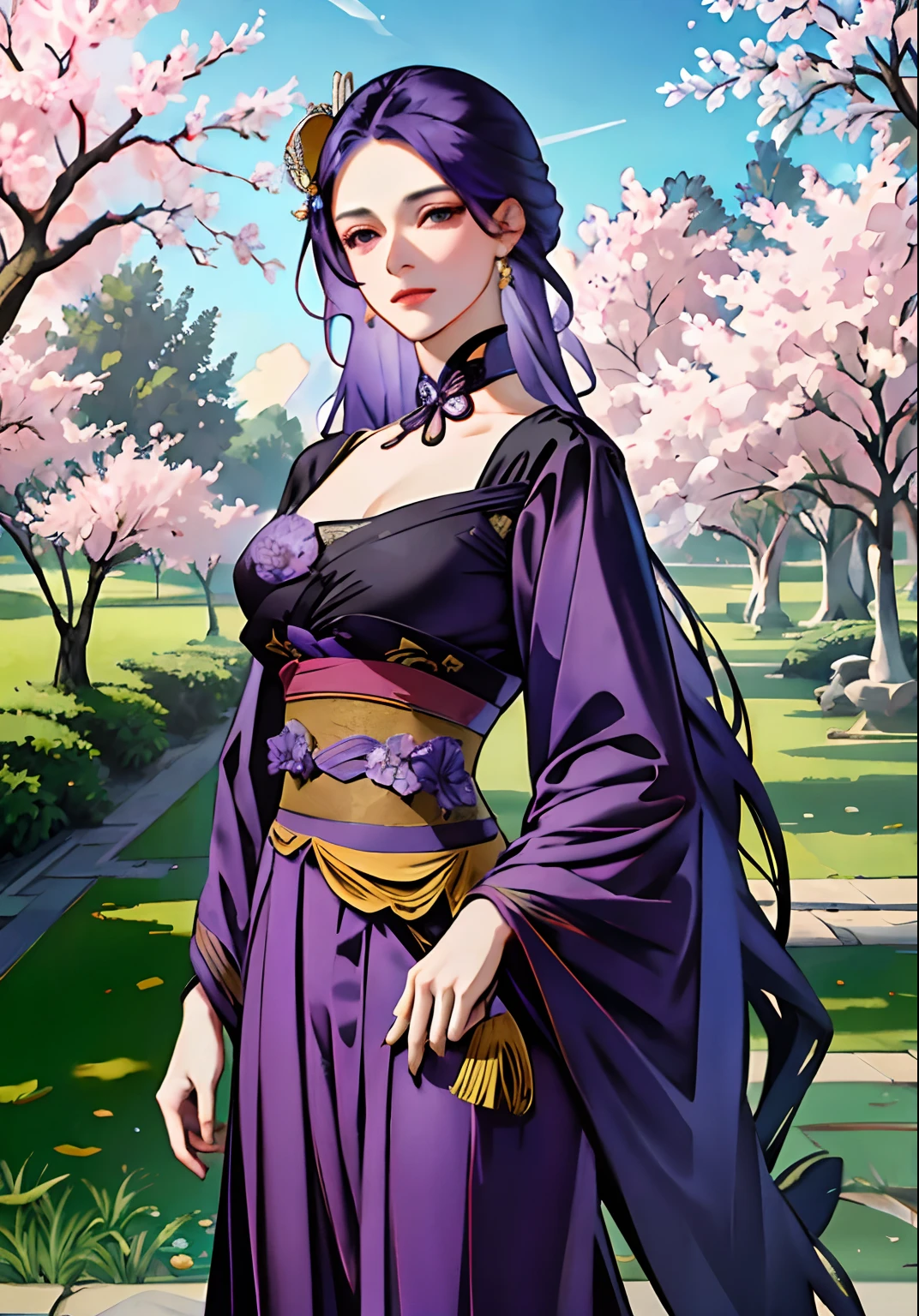 An ancient Chinese beauty, dignified temperament, flowing long skirt, clear face, beautiful eyes, purple myrtle flowers surrounded, masterpiece, super detailed, epic composition, super HD, high quality, highest quality, 32k --v 6