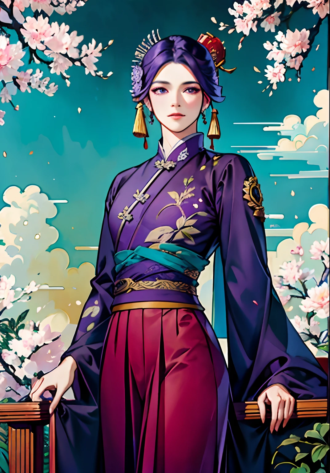 An ancient Chinese beauty, dignified temperament, flowing long skirt, clear face, beautiful eyes, purple myrtle flowers surrounded, masterpiece, super detailed, epic composition, super HD, high quality, highest quality, 32k --v 6