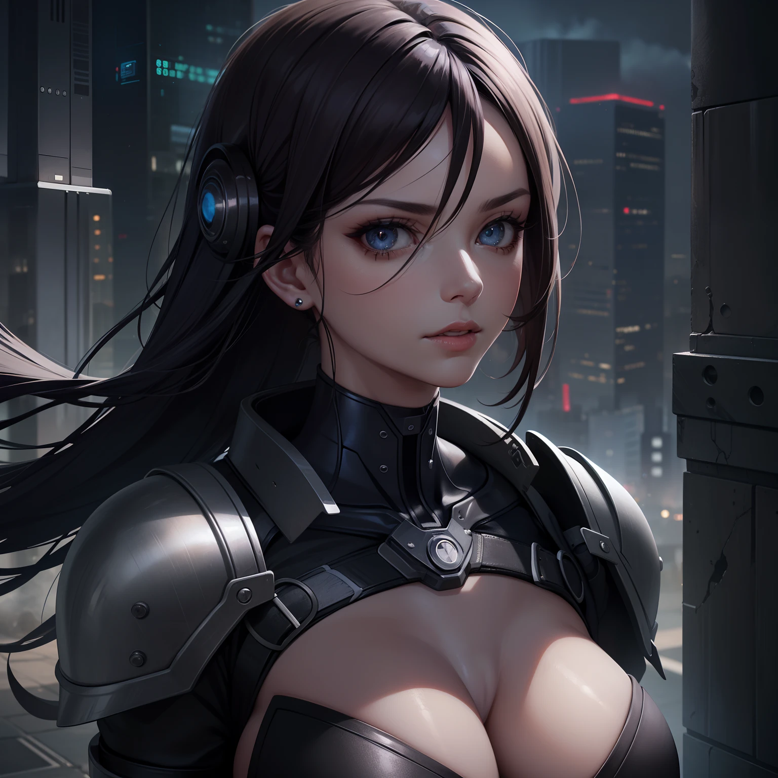 Beautiful cyborg warrior woman in rusty magic style, aumento cyberpunk, Cyber Software, ciborgue, fibras de carbono, cromar, Implantes, metal skull, Cyber Plate Armadura, (atmosfera escura:1.2), (nevoeiro & smoke billowing), (It's dark night:1.3), As cicatrizes, (medium length shaggy dark hair:1.1), (sombras para os olhos:1.1), (brilho lindamente detalhado:1.2), (Cinematic lighting), detalhes intrincados, A high resolution, olhos arredondados, detailed facial features, foco nítido, liso, aesthetic, Fundo escuro detalhado da planta industrial, pose estilosa, dynamicposes, (dramapaint)