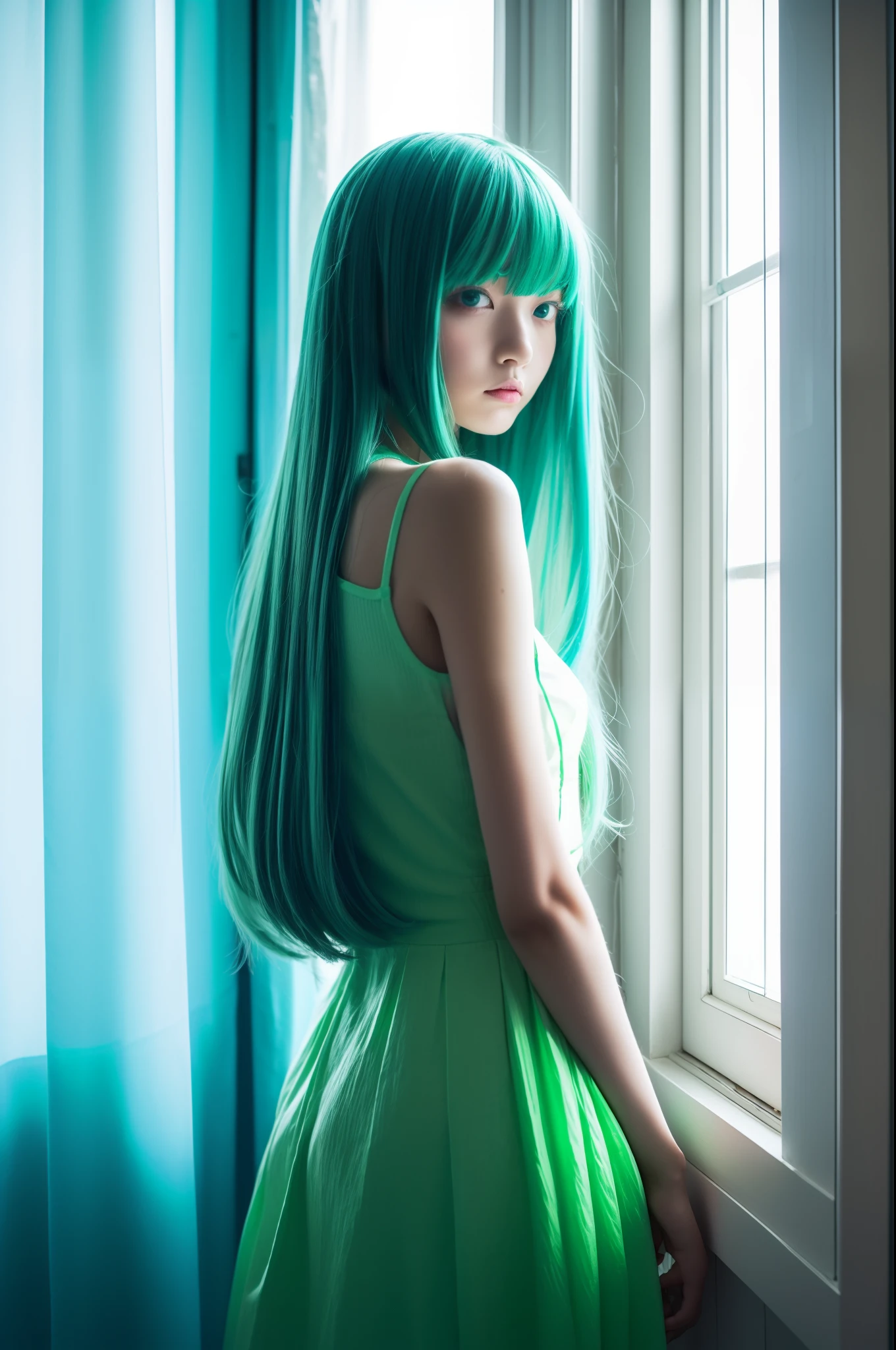 neon curtains,photograph idolgirl,long haircut,slender,(No riddle, just a little ditto,As you wished, so sweet,Our hearts' secret beat, say it back),toy stuffed animal junk shops、A Japanese Lady、miku hatsune、Blue-green hair、White dress、top-quality