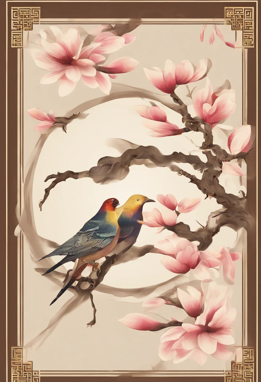 equinox,Traditional Chinese solar terms,(((Magnolia flowers))),National style,Ink wind,solid color backdrop,Two(((golondrinas)))On it,The look of flying,swallow,Landscape view,Don't be characterized,Don't be characterized,Don't build