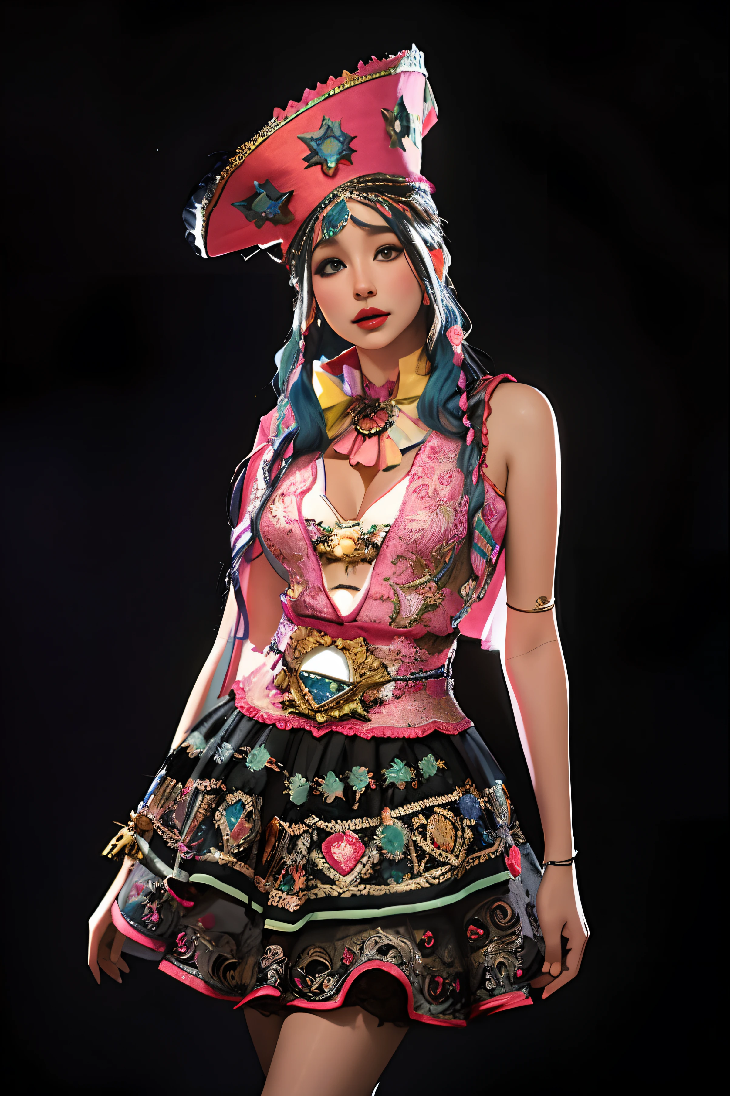 Una mujer con un vestido colorido y sombrero posando para una foto, Llevar un atuendo adornado, Traje intrincado, cosplay adornado, Intrincado estilo CGI de anime adornado, usando un vestido hecho de cuentas, Disfraz de joya, Patchwork doll, Intricate costume design, Render de Mirabel Madrigal, Hermosa obra de arte digital, Hermoso disfraz, Colorful and rich fantasy clothing, artdoll, hyperdetailed fantasy character