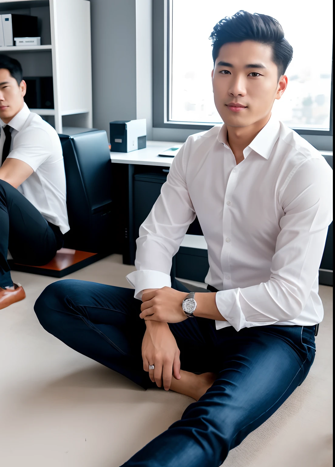 RAW Photos、extremely handsome male、(Detailed skin:1.2)、8k UHD、Digital SLR、Soft lighting、hightquality、Film Grain、FUJIFILM XT3、(((s Office)))、(((Man sitting on the floor)))、(((Man wearing a sur)))