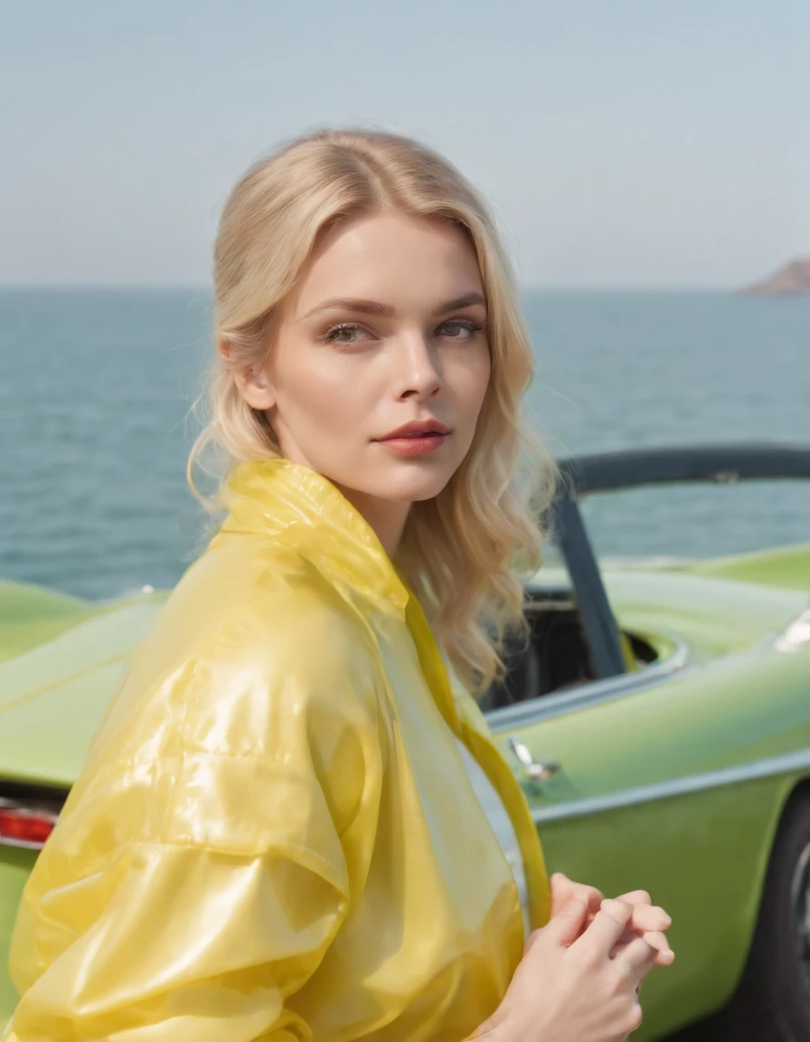 blonde woman dressed in yellow plastic clothes, green retro car and sea in the background, sunny day, half body shot, high quality photo