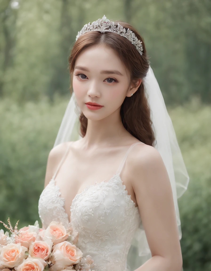 ((best qualtiy)), ((tmasterpiece)) Wedding princess dress, White petals, Delicate face,Brunette Asian, Portrait, Best quality (Perfect face:1.4), Ultra-realistic Highly detailed, Complex and realistic simulation style photos, Cinematic lighting, studio shoot, Elegant Pose