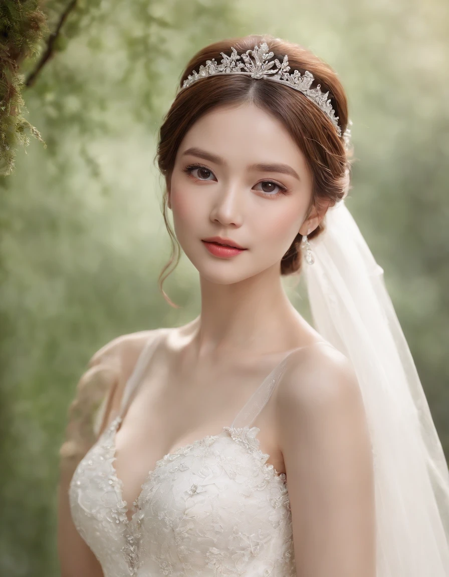 (extremely delicate and beautiful work)、(​masterpiece)、Highly detailed mermaid wedding dresses、halterneck、Bridal tiara、Bridal Veil、poneyTail、A charming expression、Beautiful and clear eyes、Simple blurry background、mare、Ultra-fine painting、delicated face、Delicate figure、thin clavicle、Beautiful lips、、(8K、Raw photography、top-quality、​masterpiece:1.2), (reallistic, Photorealsitic:1.37)、Cute、Professional Lighting, Photon mapping, Radio City,  ((Low Angle Full Body Shot))、[[[valley]]]、(The background is the forest:1.2)