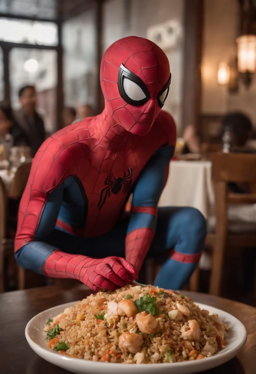 Cinematographer, ultra realista, Ropa detallada, Bellamente detallado, UHD, HDR, Altas Resoluciones, ultra detallado, Detalles intrincados, Efectos texturales, absurdos, obra maestra, 8k:1.2. En esta imagen, vemos a Spider-Man en un inusual descanso de sus actividades heroicas. He's standing in a chic Asian restaurant in his iconic costume...
Spider-Man sostiene un plato de arroz chino frito en sus manos con destreza, usando unos elegantes palillos chinos para llevar un bocado a su boca. The plate is full of fried rice, salteado. The restaurant is decorated with traditional Chinese elements, como linternas rojas colgando del techo y dragones dorados esculpidos en las paredes. The dim light of the lanterns creates a warm and welcoming atmosphere in the place.