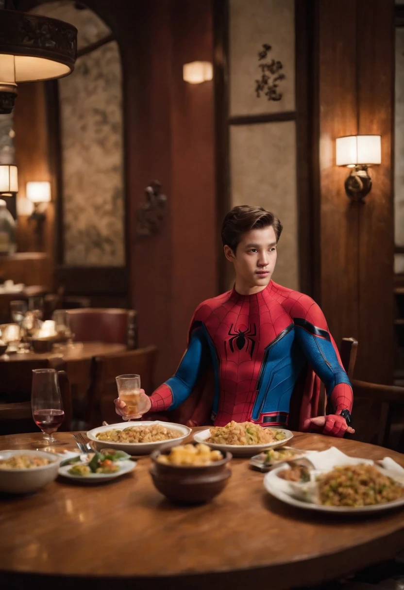 Cinematographer, ultra realista, Ropa detallada, Bellamente detallado, UHD, HDR, Altas Resoluciones, ultra detallado, Detalles intrincados, Efectos texturales, absurdos, obra maestra, 8k:1.2. En esta imagen, vemos a Spider-Man en un inusual descanso de sus actividades heroicas. He's standing in a chic Asian restaurant in his iconic costume...
Spider-Man sostiene un plato de arroz chino frito en sus manos con destreza, usando unos elegantes palillos chinos para llevar un bocado a su boca. The plate is full of fried rice, salteado. The restaurant is decorated with traditional Chinese elements, como linternas rojas colgando del techo y dragones dorados esculpidos en las paredes. The dim light of the lanterns creates a warm and welcoming atmosphere in the place.