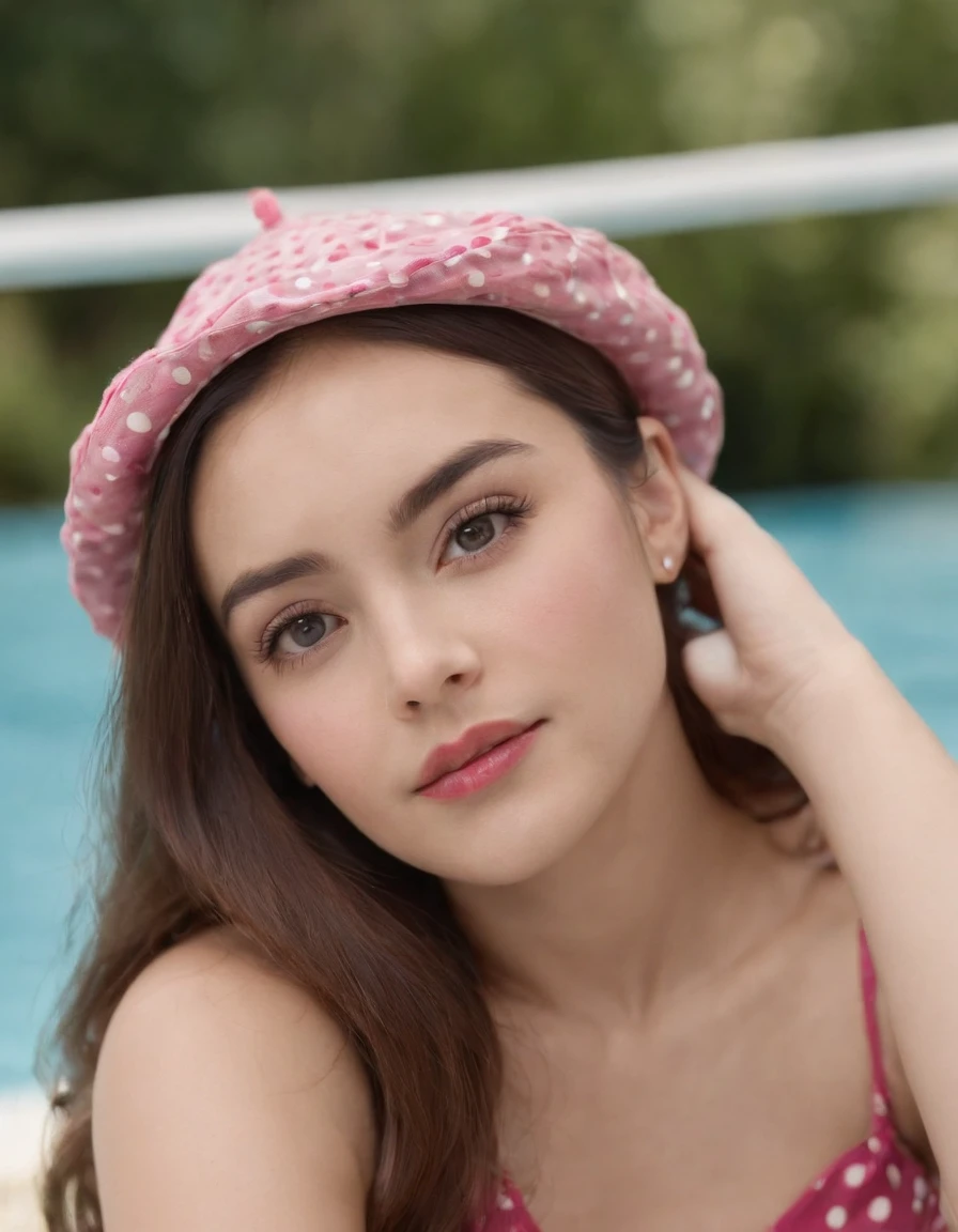 girl with polka dot hat looking over balcony of swimming pool, in the style of dark pink and light bronze, canon ef 85mm f/1.2l ii usm, indonesian art, holotone printing, lively action poses, childlike illustrations, calm waters