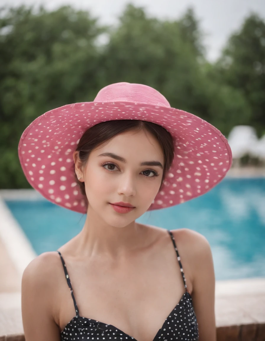 girl with polka dot hat looking over balcony of swimming pool, in the style of dark pink and light bronze, canon ef 85mm f/1.2l ii usm, indonesian art, holotone printing, lively action poses, childlike illustrations, calm waters