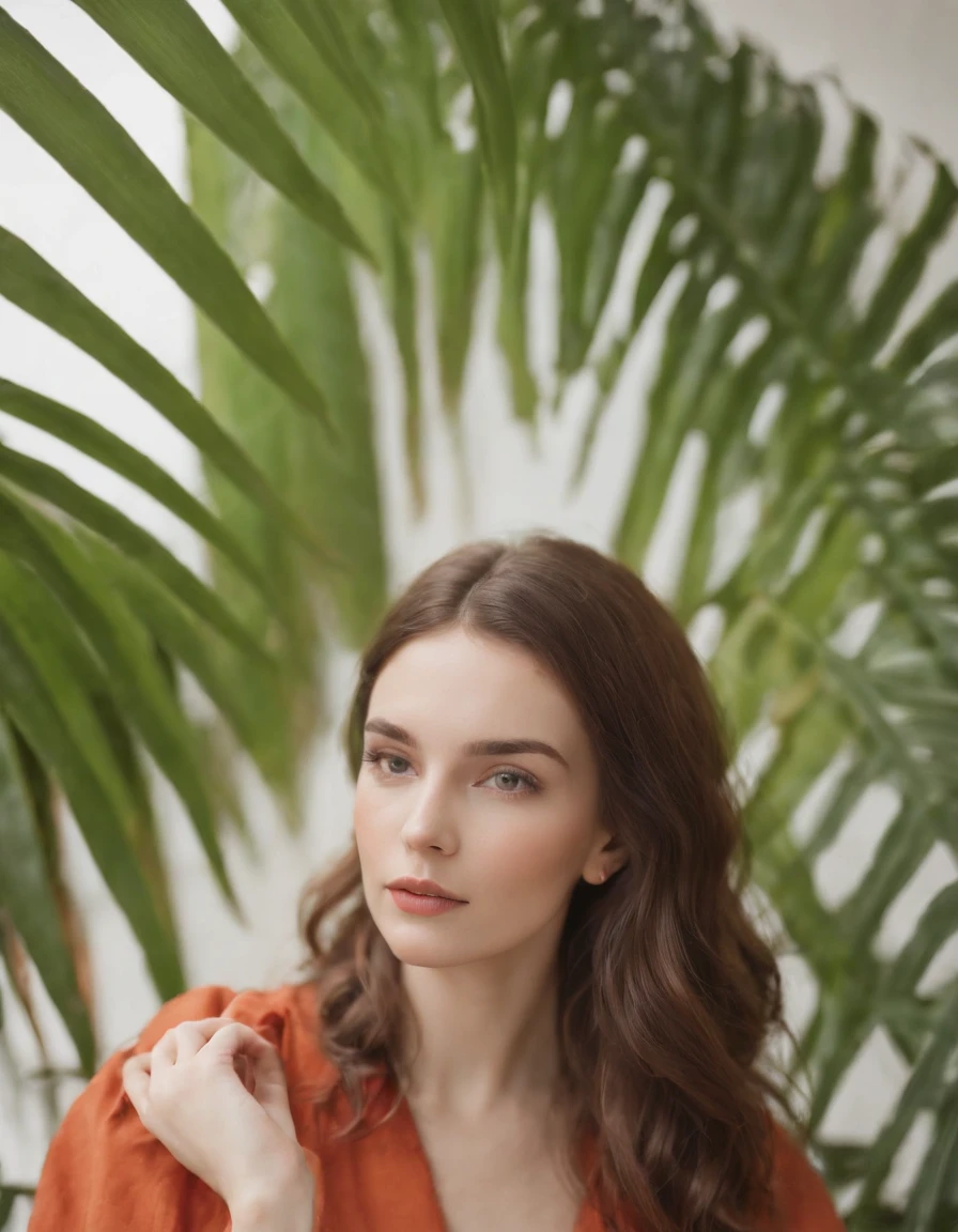 woman wearing red sitting in front of palm leaves photo by peter robinson for stocksy united, in the style of light orange and orange, playful still lifes, graphic and symmetrical, berrypunk, cute and colorful, optical, white background