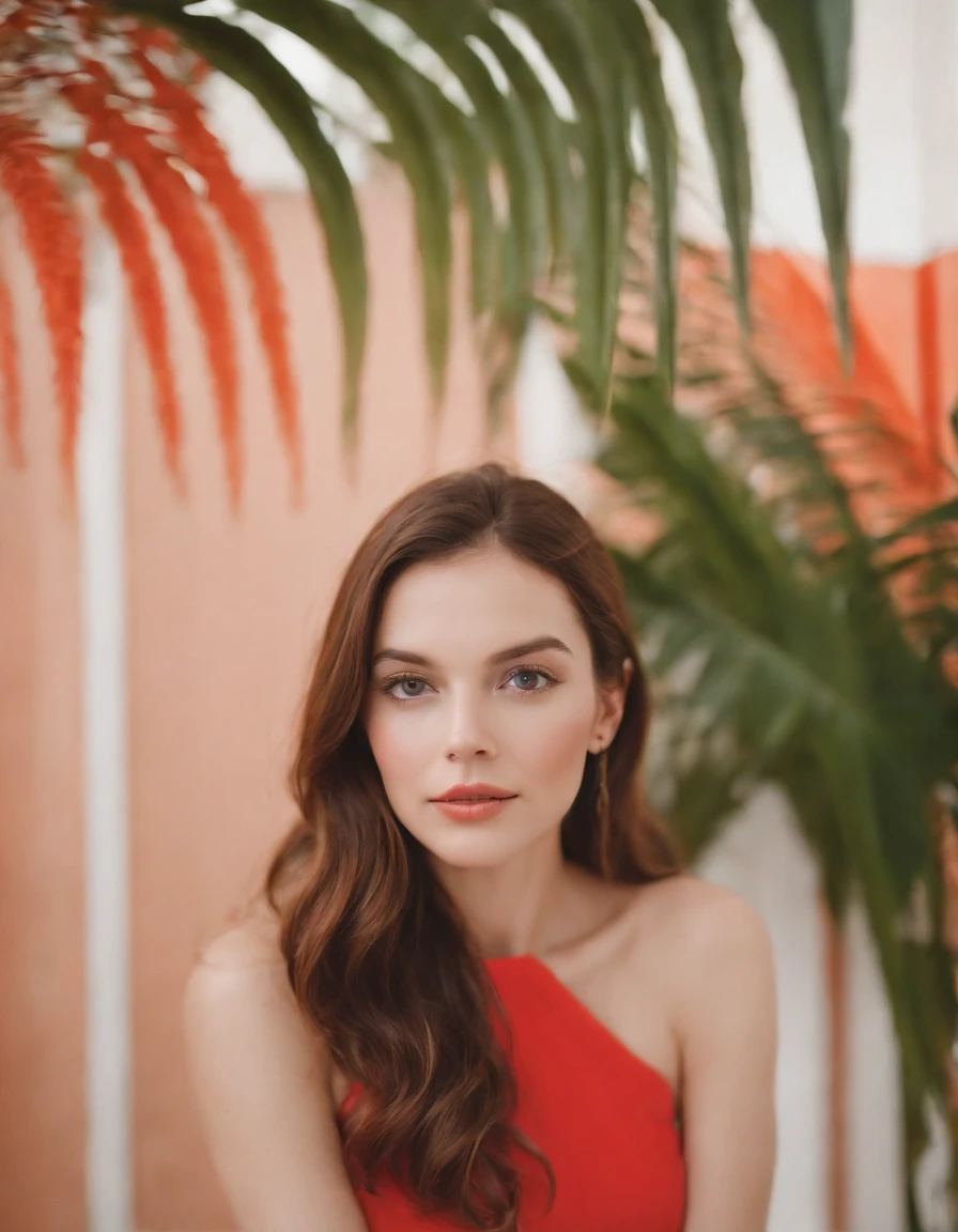 woman wearing red sitting in front of palm leaves photo by peter robinson for stocksy united, in the style of light orange and orange, playful still lifes, graphic and symmetrical, berrypunk, cute and colorful, optical, white background