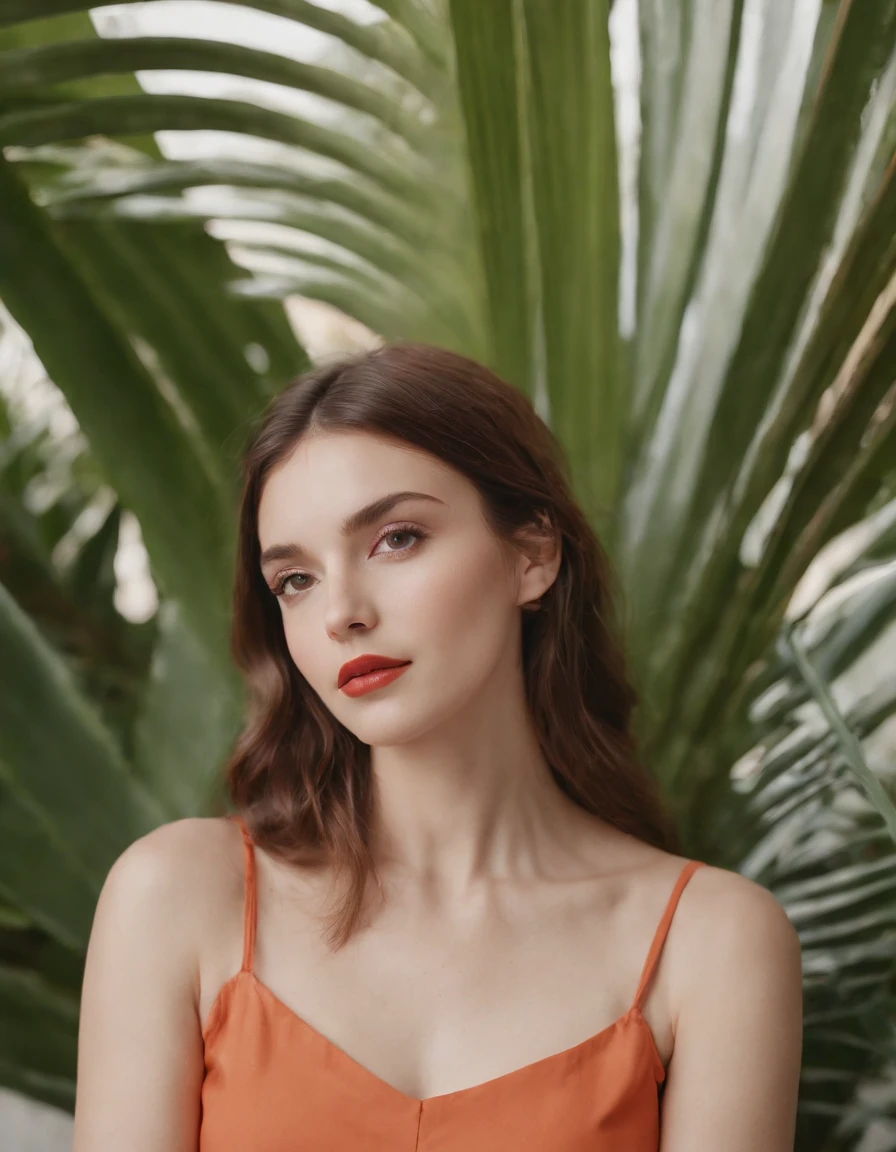 woman wearing red sitting in front of palm leaves photo by peter robinson for stocksy united, in the style of light orange and orange, playful still lifes, graphic and symmetrical, berrypunk, cute and colorful, optical, white background