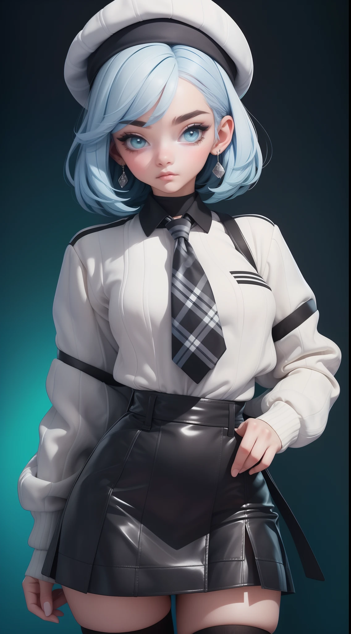 best qualityer， tmasterpiece， 1girll， 独奏， White gradient striped hair， short detailed hair， whaite hair， lilie （event）， black beret， Plaid skirts， choker necklace， Cyan sweater jacket， collared shir， Black plaid tie， The sleeve is draped over the finger， bluntbangs，Dark lights