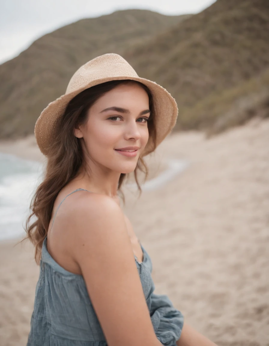 smiling young woman on the beach with hat by jorge corenas for stocksy united, in the style of mountainous vistas, 32k uhd, sky-blue, spectacular backdrops, snapshot aesthetic, coastal and harbor views, 4k