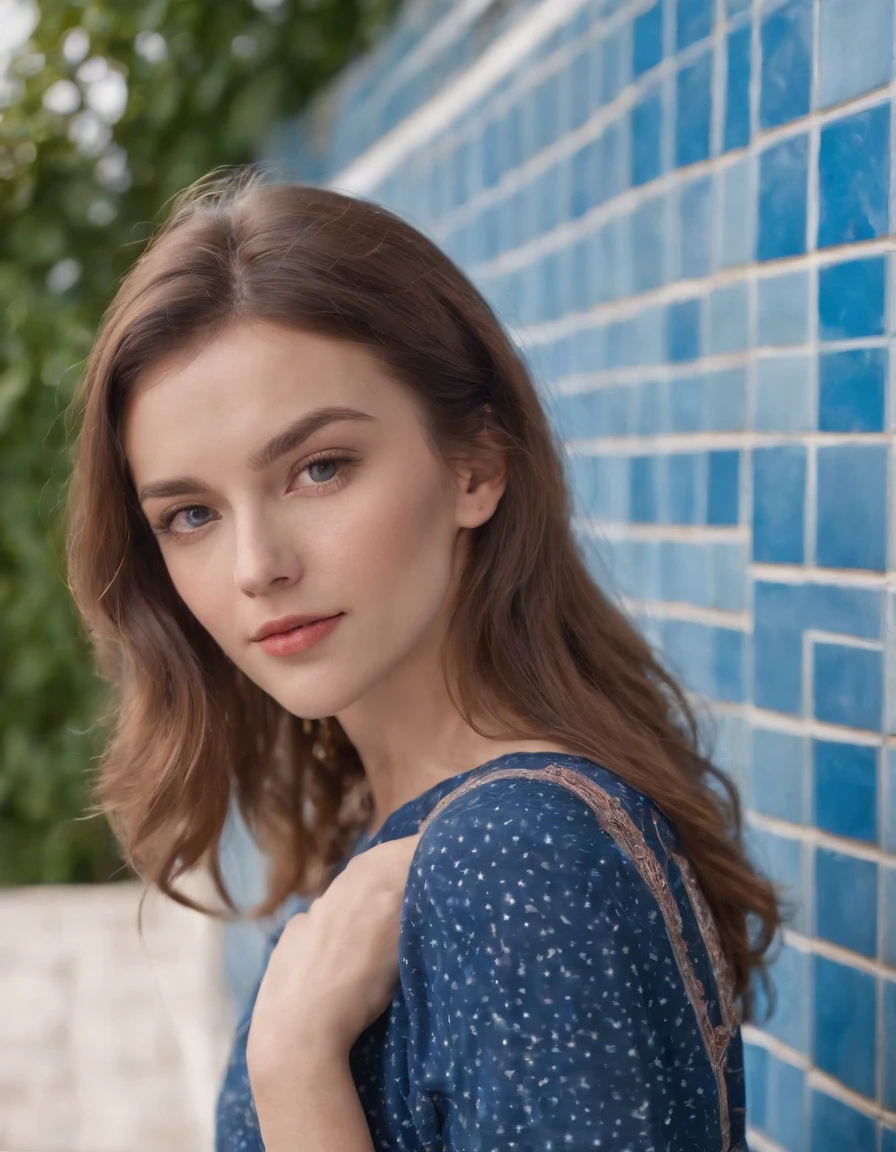 young woman dressed from the 80s, casual mood, blouse tied in front, leaning against blue tiled wall, sunny day, half length shot, vibrant colors