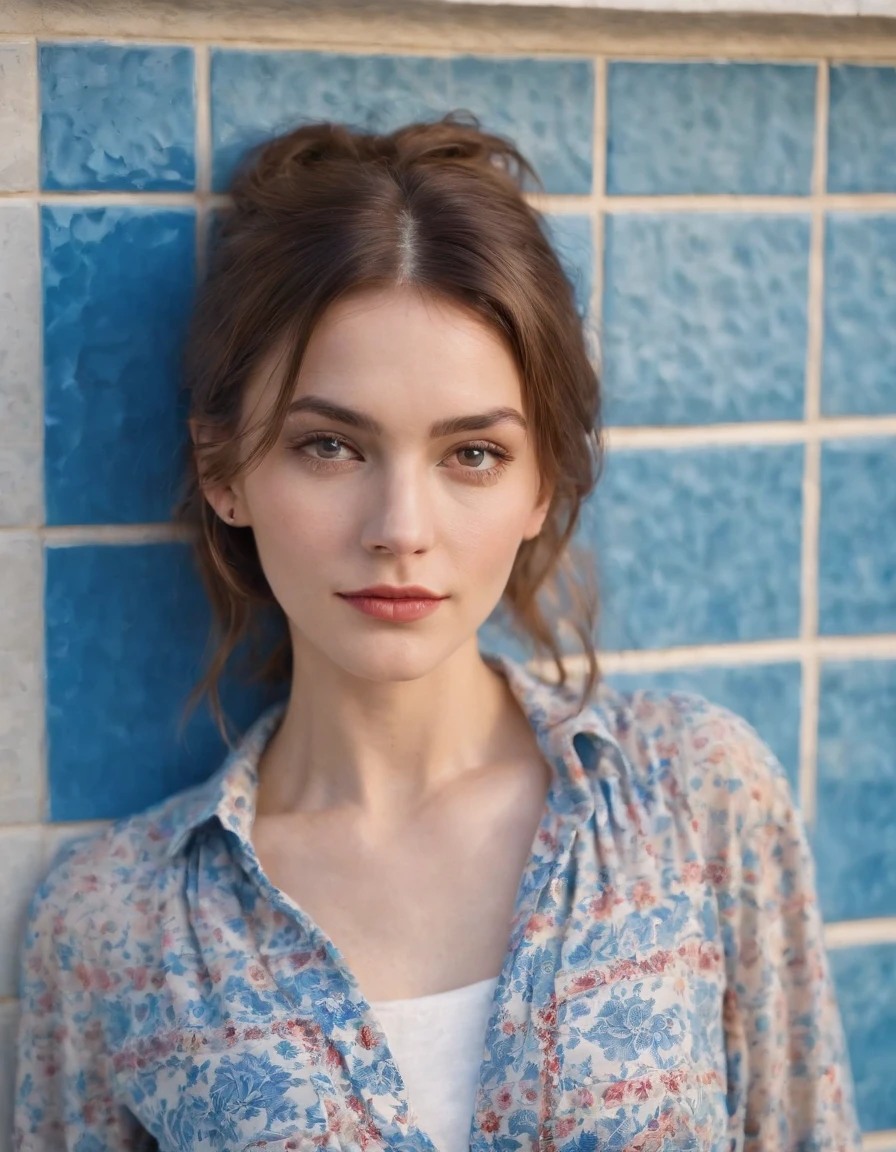 young woman dressed from the 80s, casual mood,  blouse tied in front, leaning against blue tiled wall, sunny day, half length shot, vibrant colors