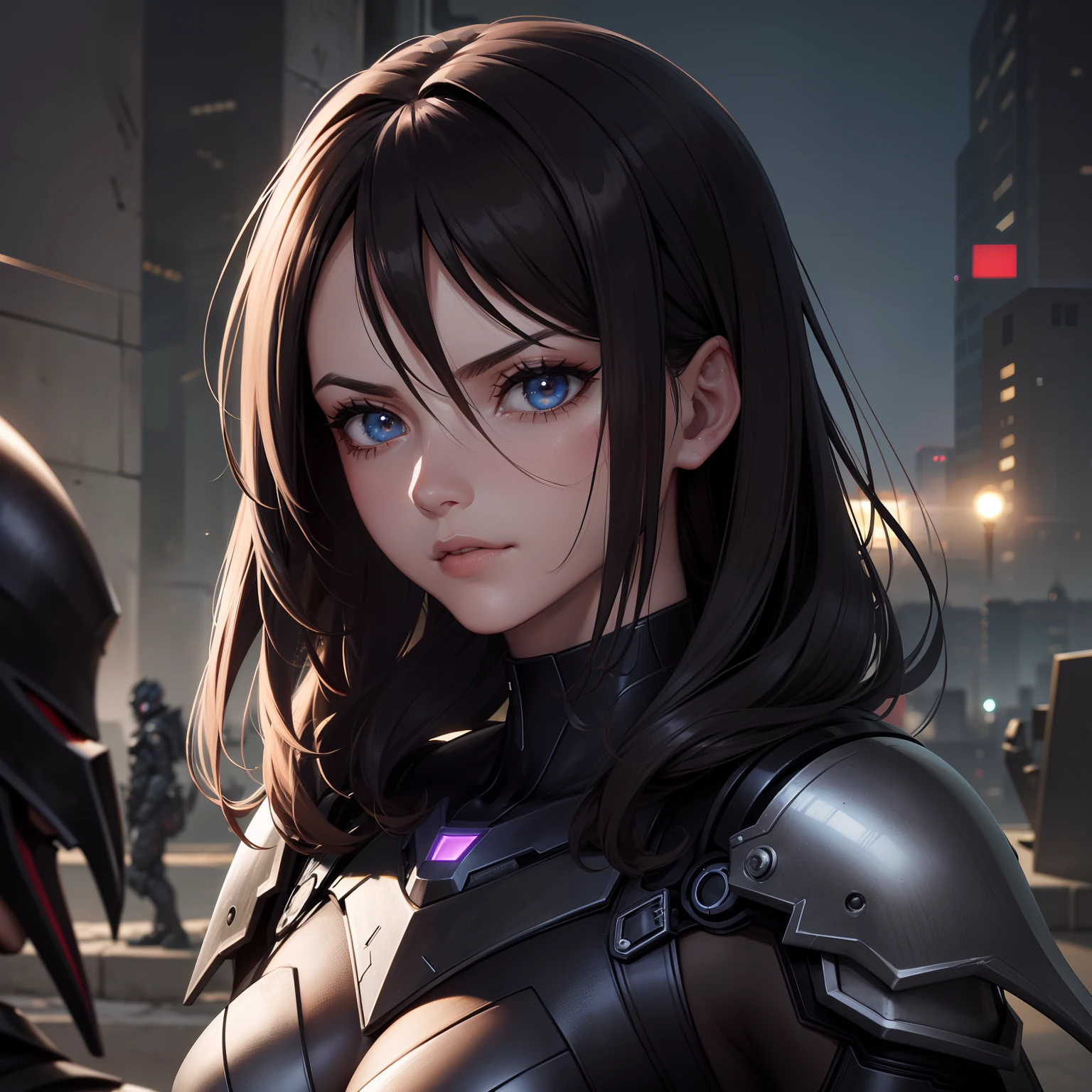 Beautiful cyborg warrior woman in rusty magic style, aumento cyberpunk, Cyber Software, ciborgue, fibras de carbono, cromar, Implantes, metal skull, Cyber Plate Armadura, (atmosfera escura:1.2), (nevoeiro & smoke billowing), (It's dark night:1.3), As cicatrizes, (medium length shaggy dark hair:1.1), (sombras para os olhos:1.1), (brilho lindamente detalhado:1.2), (Cinematic lighting), detalhes intrincados, A high resolution, olhos arredondados, detailed facial features, foco nítido, liso, aesthetic, Fundo escuro detalhado da planta industrial, pose estilosa, dynamicposes, (dramapaint)