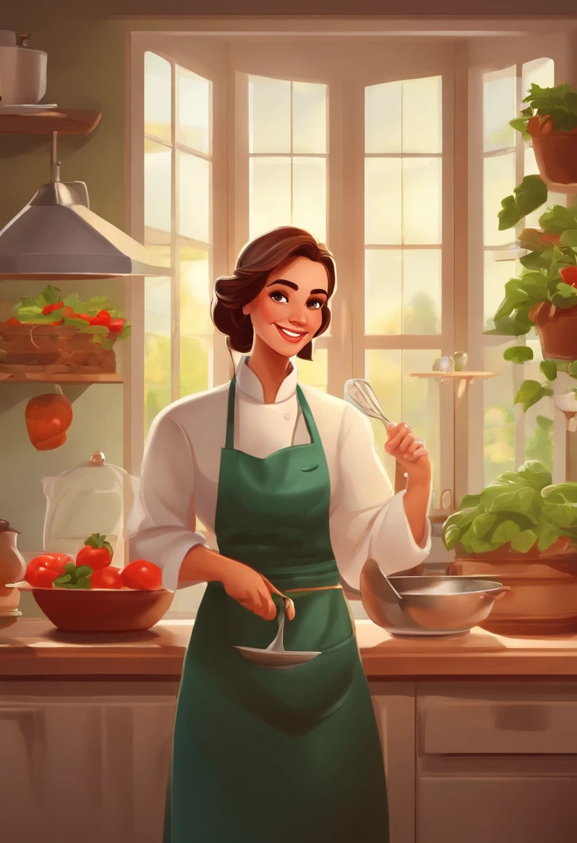 A chef girl with a smile,Very pleasant mood,In a bright European kitchen,There is a big window,Beautiful flowers,There is also a beautiful setting of plants to cook delicious food.