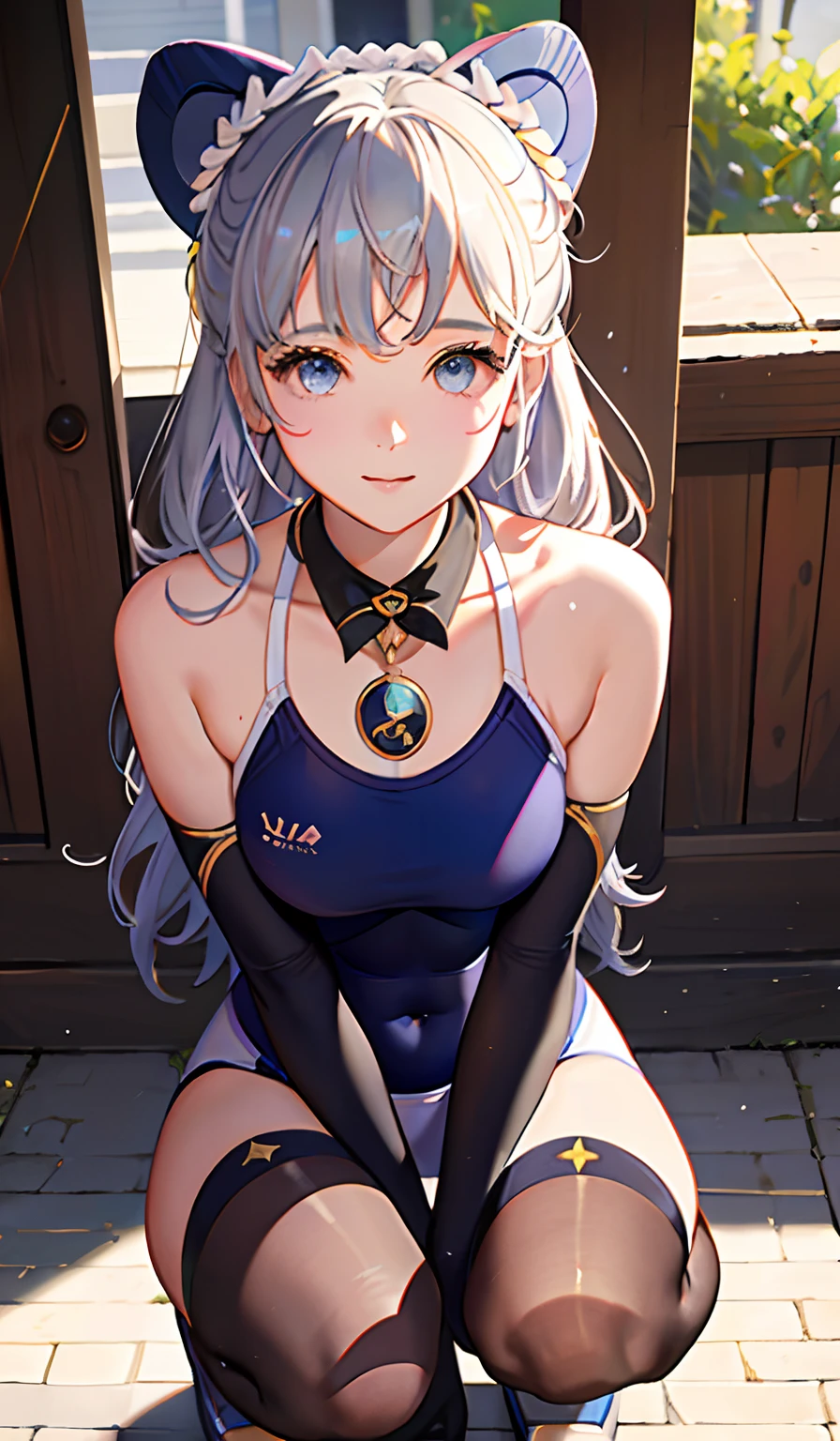 Girl in 1、masterpiece、Detailed beautiful face、Bright lighting、Daytime、outside of house、with light glowing、Detailed beautiful eyes、hight resolution、Ultra-fine illustration、extremely delicate and beautiful、top-quality、The whole body is shown、Squatting、crouching down、(Lolita:1.7)、college age、Open both knees、独奏, r、(de pele branca:1.5), (silber hair, short-cut、Blue eyes),A smile、Smiled face、Hair tied at the back、Curvaceous, (shinny hair, Glossy eyes, shinny skin), (glistning skin:1.2), 、thighs thighs thighs thighs、Arms behind your head、Raise your arms、Armpit、front facing、(small tits),((Competitive swimsuit)),Pichi Pichi clothes、Enamel、ratex、Short skirt、The navel is visible、pelvis curtain、Armpits、A smile、black thighhighs、Watch your audience、under the boobs、Black belly、blushed、perspiring、Jeweled、Parting lips、pantyhose、Blushing cheeks、tiptoes、high-heels、gloves、elbow groves、Recurve the body