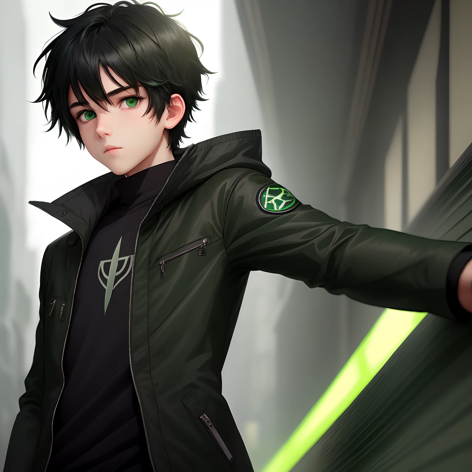 A boy with,Green eyes,Black and green jacket,black color hair,natural soft light,style of anime,half-body portrait,complete image