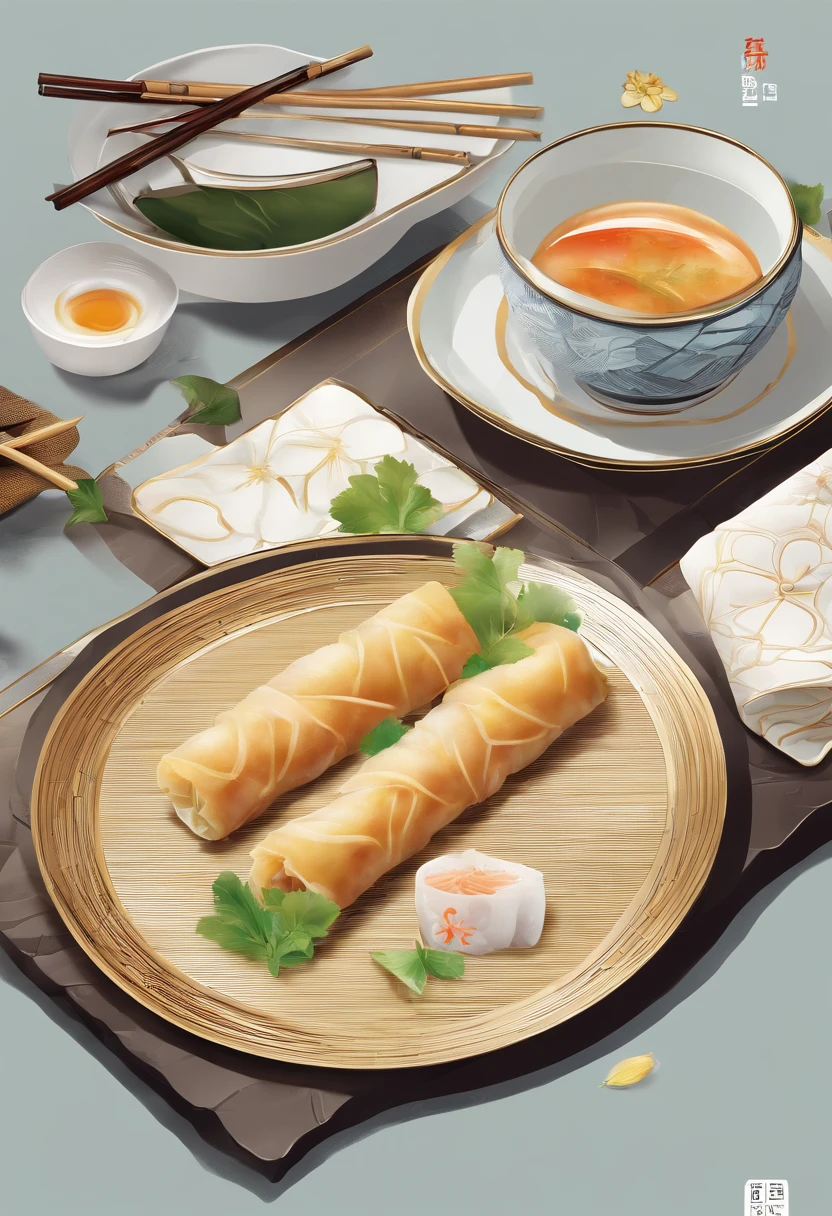 Spring，Spring rolls on a plate，There is a chopstick next to the plate
