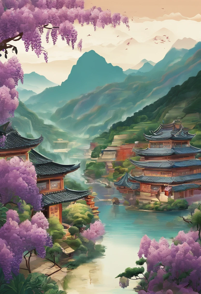 Valley Rain,Traditional Chinese solar terms,(((Wisteria flowers))),National style,Ink wind,solid color backdrop,There is farmland,Someone is planting seedlings,(((cuckoo)))Stand on a flower branch,Landscape view,There are no buildings,Don't build