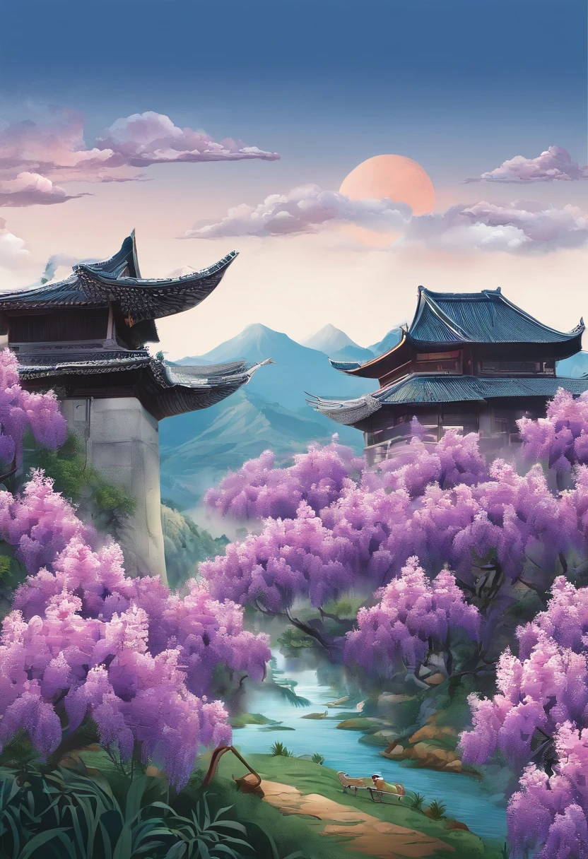 Valley Rain，Traditional Chinese solar terms，(((Wisteria flowers)))，National style，Ink wind，solid color backdrop，There is farmland，Someone is planting seedlings，(((cuckoo)))Stand on a flower branch，Landscape view，There are no buildings，Don't build