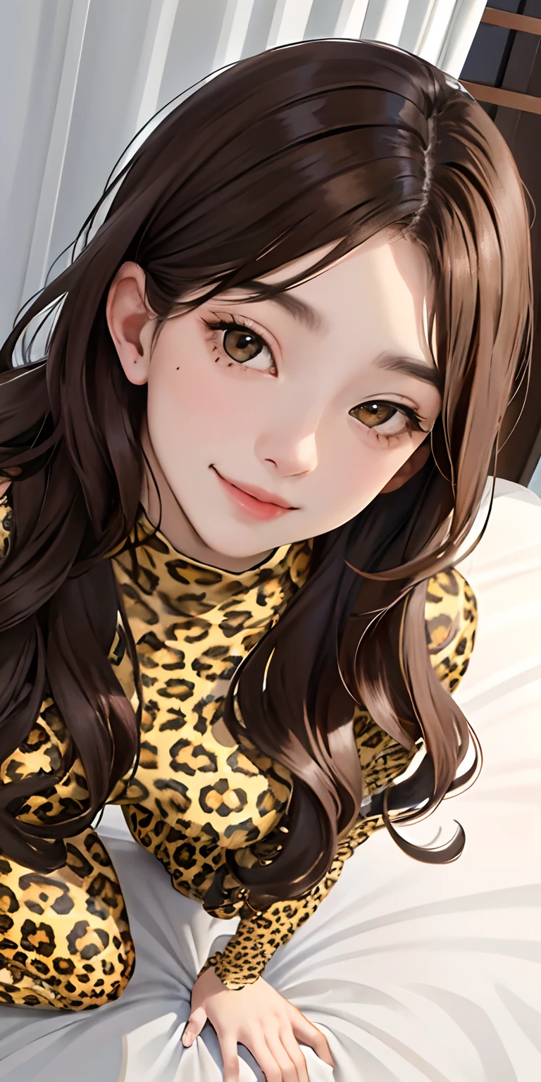 realisticlying、 girl、Face Real、Large-scale depiction of human figures、portrait closeup、sit on a bed、Looking up from below and staring at us、(Wearing a full-body leopard print bodysuit、long wavy brown hair、The face smiled、Bedrooms、