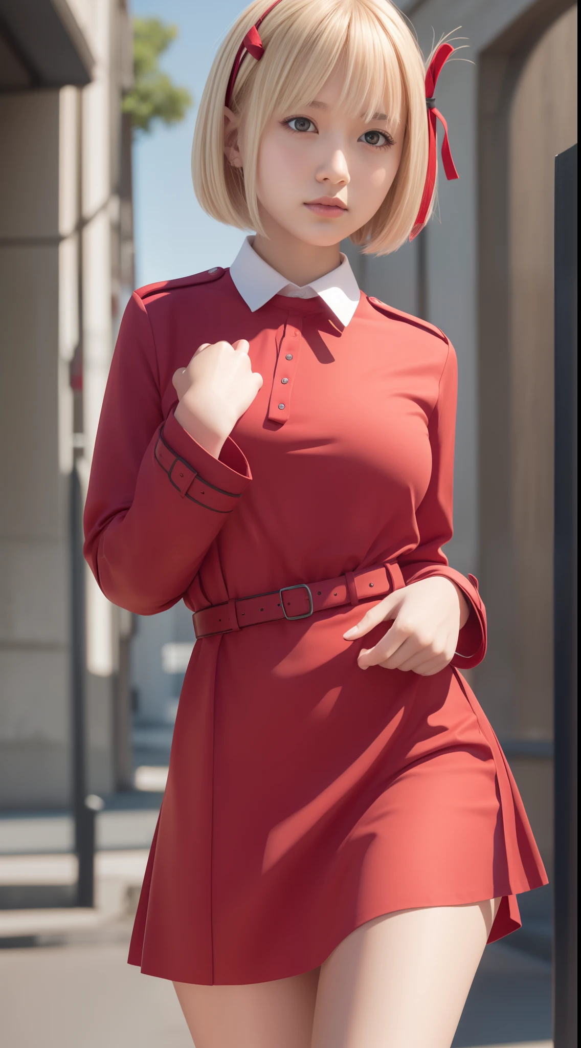 chisatonishikigi, nishikigi chisato, short hair, bangs, blonde hair, (red eyes:1.5), hair ribbon, one side up, bob cut,
BREAK shirt, long sleeves, dress, ribbon, white shirt, collared shirt, belt, neck ribbon, red dress, blue ribbon, pleated dress, grey dress, two-tone dress, red belt, lycoris uniform,,
BREAK outdoors, city,
BREAK looking at viewer, BREAK (masterpiece:1.2), best quality, high resolution, unity 8k wallpaper, (illustration:0.8), (beautiful detailed eyes:1.6), extremely detailed face, big boobs, perfect lighting, extremely detailed CG, (perfect hands, perfect anatomy),
