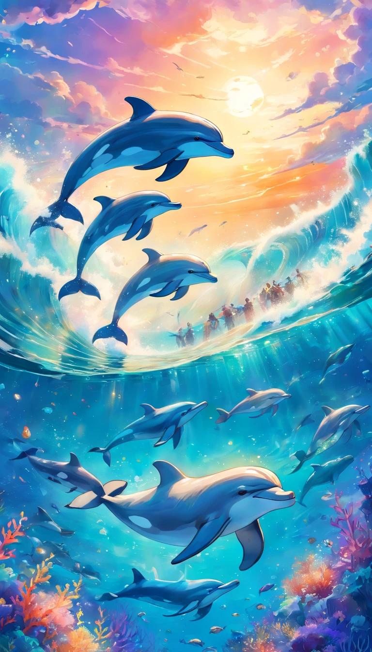 Drawing of dolphins swimming in colorful sea, Look up at the composition, Jellyfish and whales in the sky, inspired by Cyril Rolando, a beautiful artwork illustration, Authors：Sitao, colorful concept art, Makoto Shinkai Cyrillo Roland, in style of cyril rolando, flying whales, Highly detailed watercolor in 8K, highly detailed watercolor 8 K，octane，The End，Realistic，8K，Shinkai Makoto style( Reasonable design, ligne claire, High- sharpness,Best Quality, Very detailed, Master Parts, Movie Light Effects, 4K )