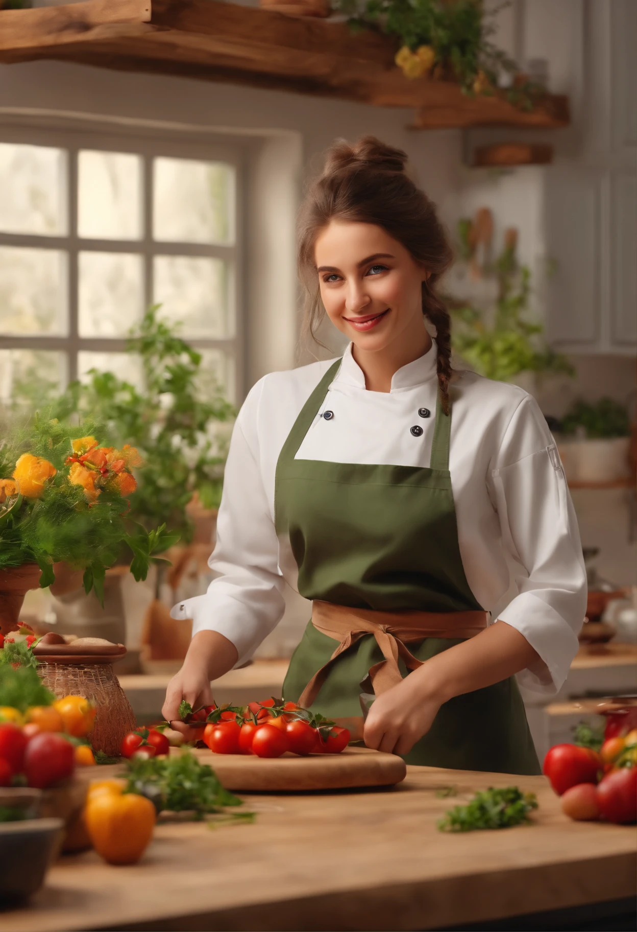 A chef girl with a smile，Very pleasant mood，In a bright European kitchen，There is a big window，Beautiful flowers，There is also a beautiful setting of plants to cook delicious food.