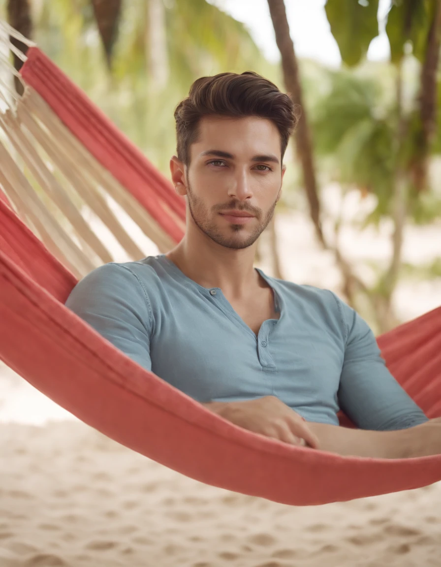 a male relax in a hammock on a tropical island, in the style of light pink and red, 8k resolution, el greco, candid portraits, yildiray cinar, brothers grimm, portraitures