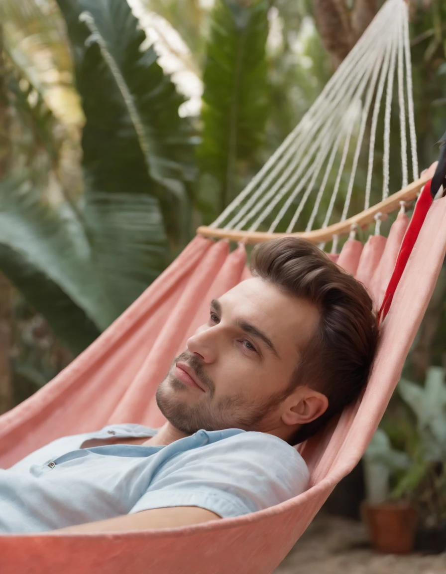 a male relax in a hammock on a tropical island, in the style of light pink and red, 8k resolution, el greco, candid portraits, yildiray cinar, brothers grimm, portraitures (cowboy shot)