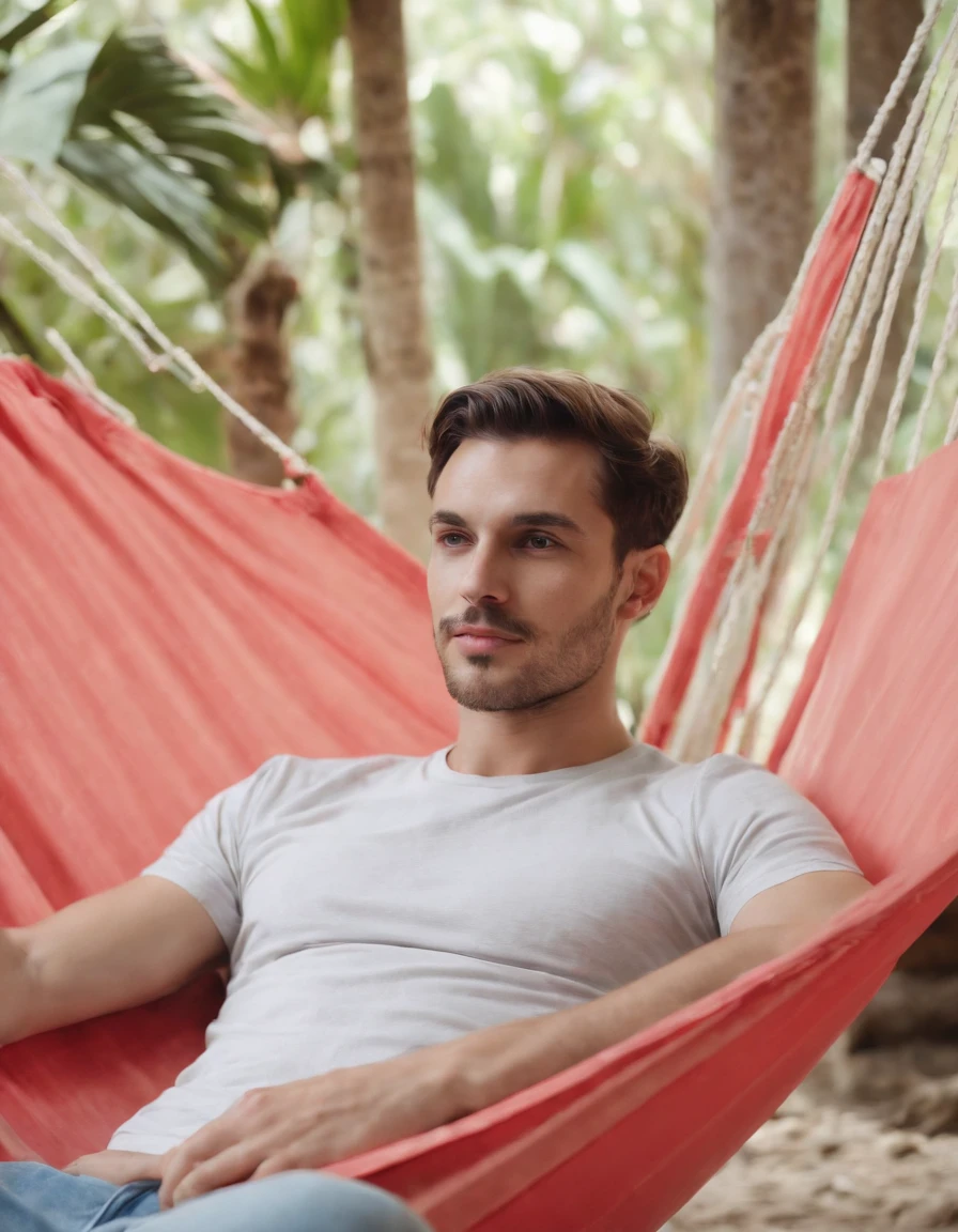 a male relax in a hammock on a tropical island, in the style of light pink and red, 8k resolution, el greco, candid portraits, yildiray cinar, brothers grimm, portraitures