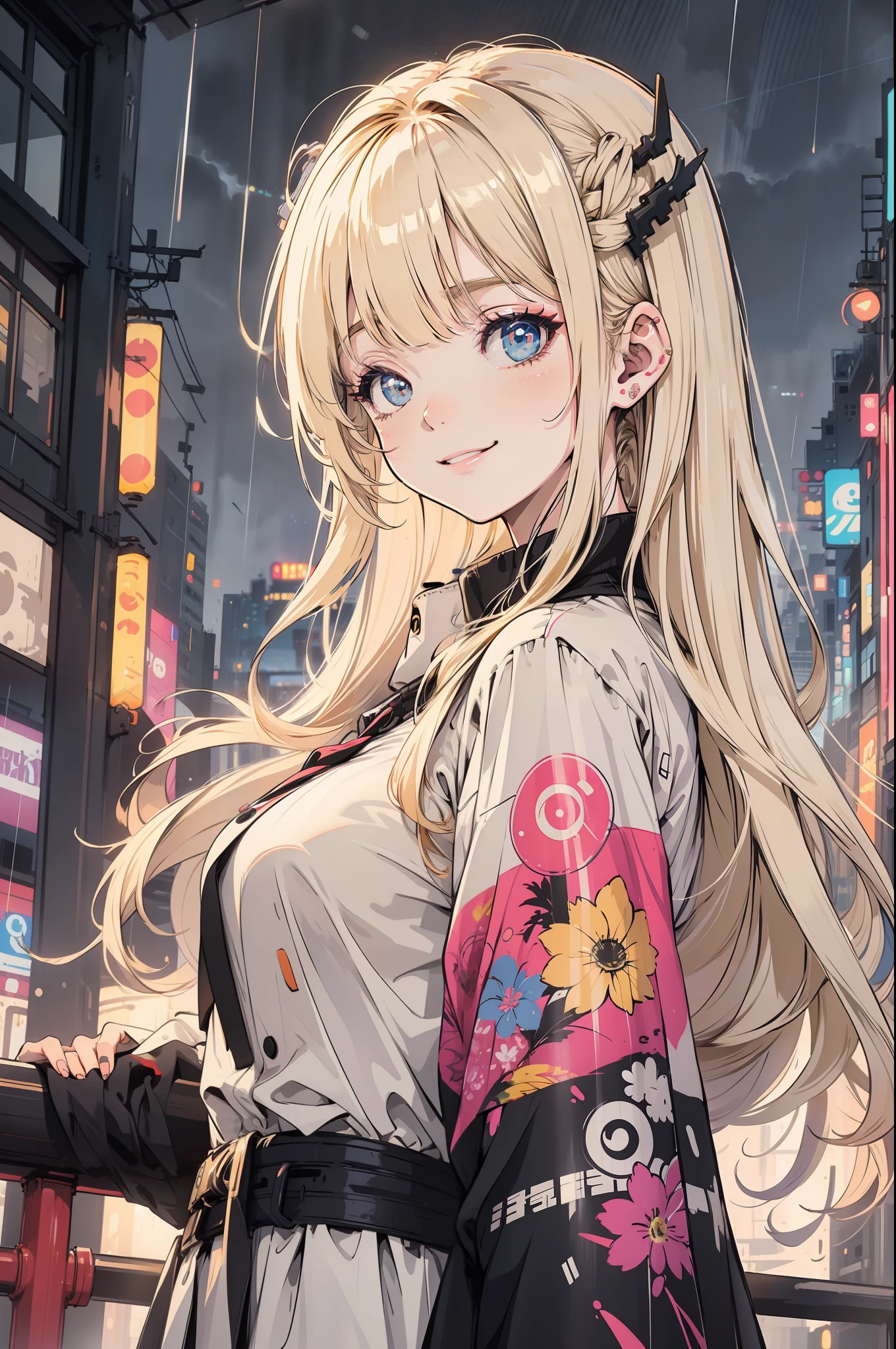 Anime girl with long blonde hair and blue eyes standing in front of a ...