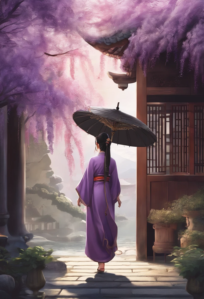 Valley Rain,Wisteria flowers,rained,traditional courtyard,Woman standing next to the flower in Hanfu,Landscape of people