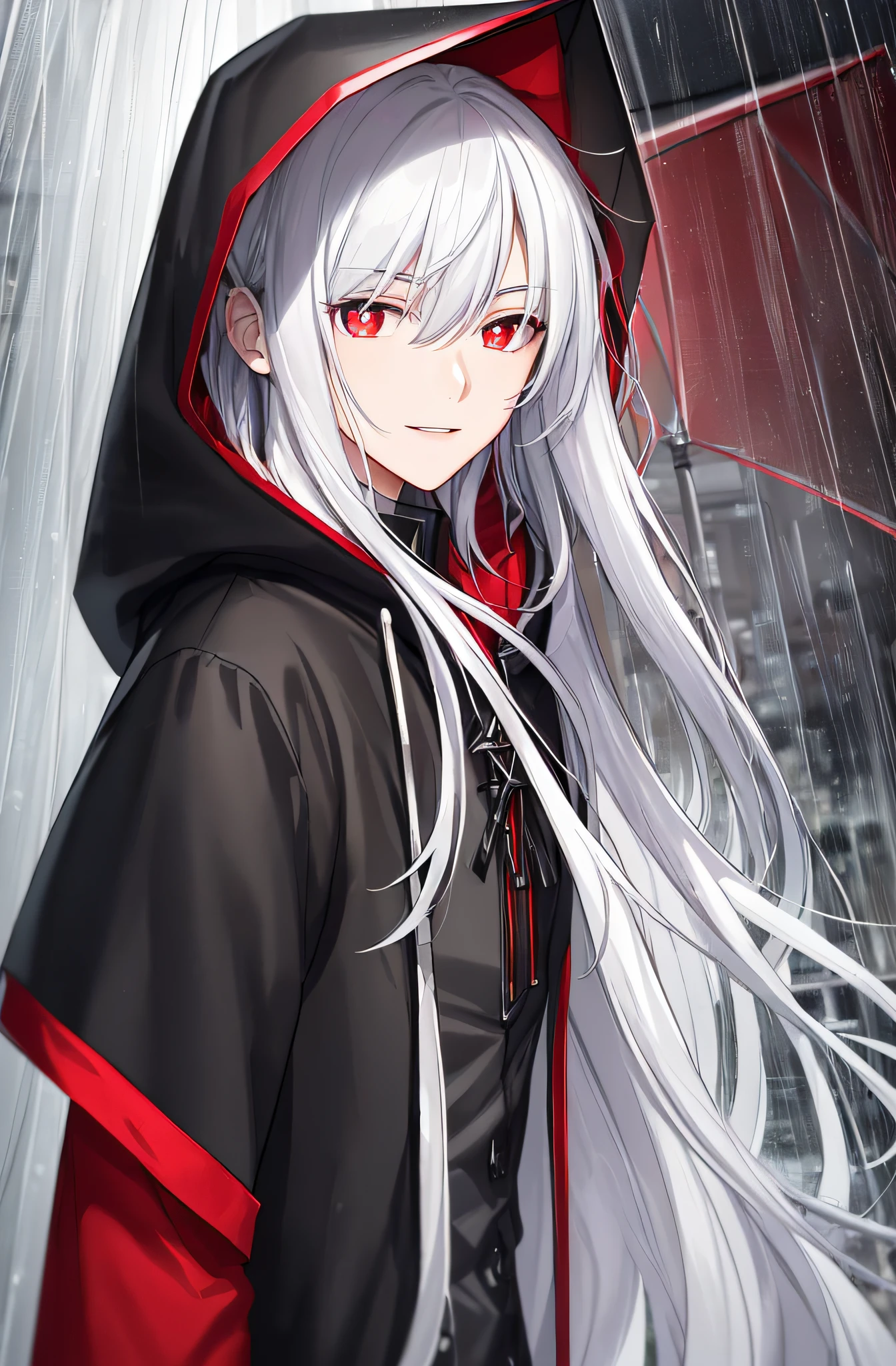 best qualityer, The more details, tmasterpiece, 1boys, Bright face, Smile， malefocus, Heavy pupils, Solo, rim, looking at viewert, Black and red color hood, rainy evening, under moonlight, hoods, nail polish, Silver-white hair, posh, 8K, A detailed, Ray tracing, depth of fields,