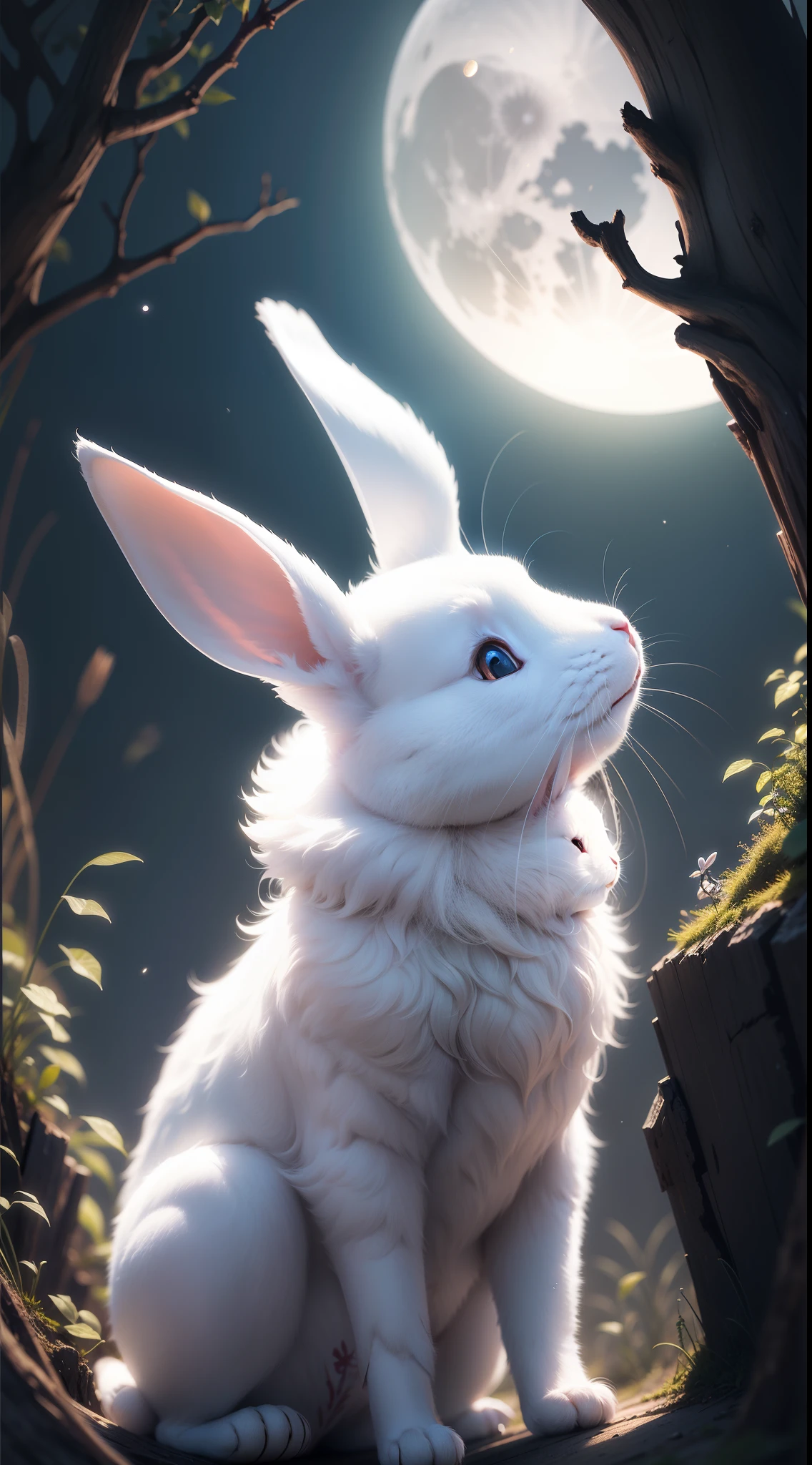 White rabbit looking up at the full moon