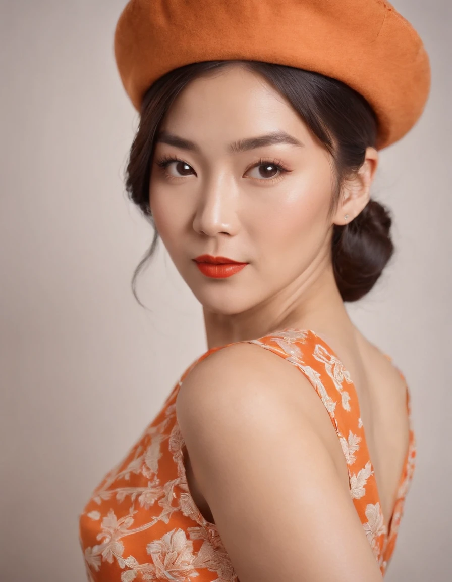 asian woman in retro dress with beret, in retro photo booth, medium close up, orange and white colors, high quality photo