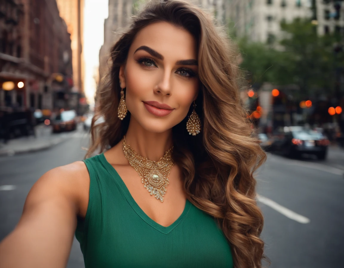 a selfie (masterpiece, best quality), beautiful woman, detailed sleeveless turtleneck, pants, necklace, wavy hair, perfect face, beautiful face, seductive, big beautiful eyes, open mouth, happy, perfect slender body , (outdoors), city streets, New York, bright colors