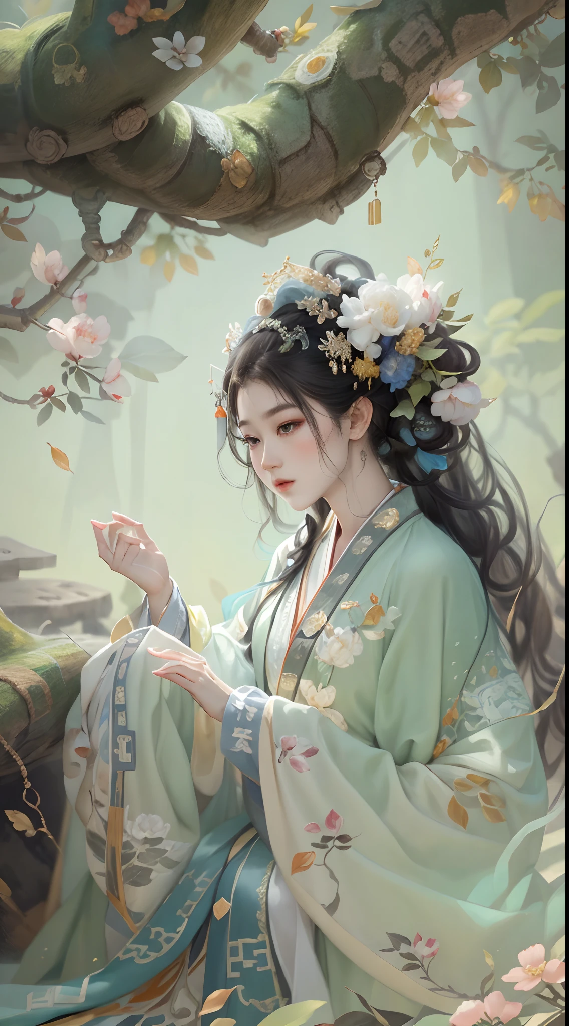 There was a woman in a dress sitting under a tree, Guviz-style artwork, Guviz, Palace , A girl in Hanfu, trending on cgstation, Fantasy art style, Inspired by Ai Xuan, Alice X. zhang, White Hanfu, by Yang J, Hanfu, Guwiz in Pisif art