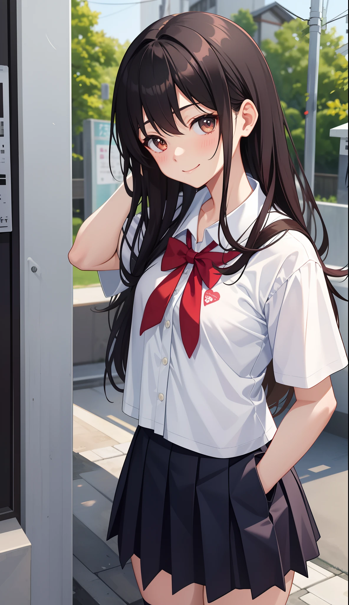 1girl in、AS-Adult、A smile、（Tsundere）、The shirt、skirt by the、（small tits）Chilarism、Japan High School Student Uniform、serafuku、summer clothing、（Sheer Bra）、Upper body portrait、