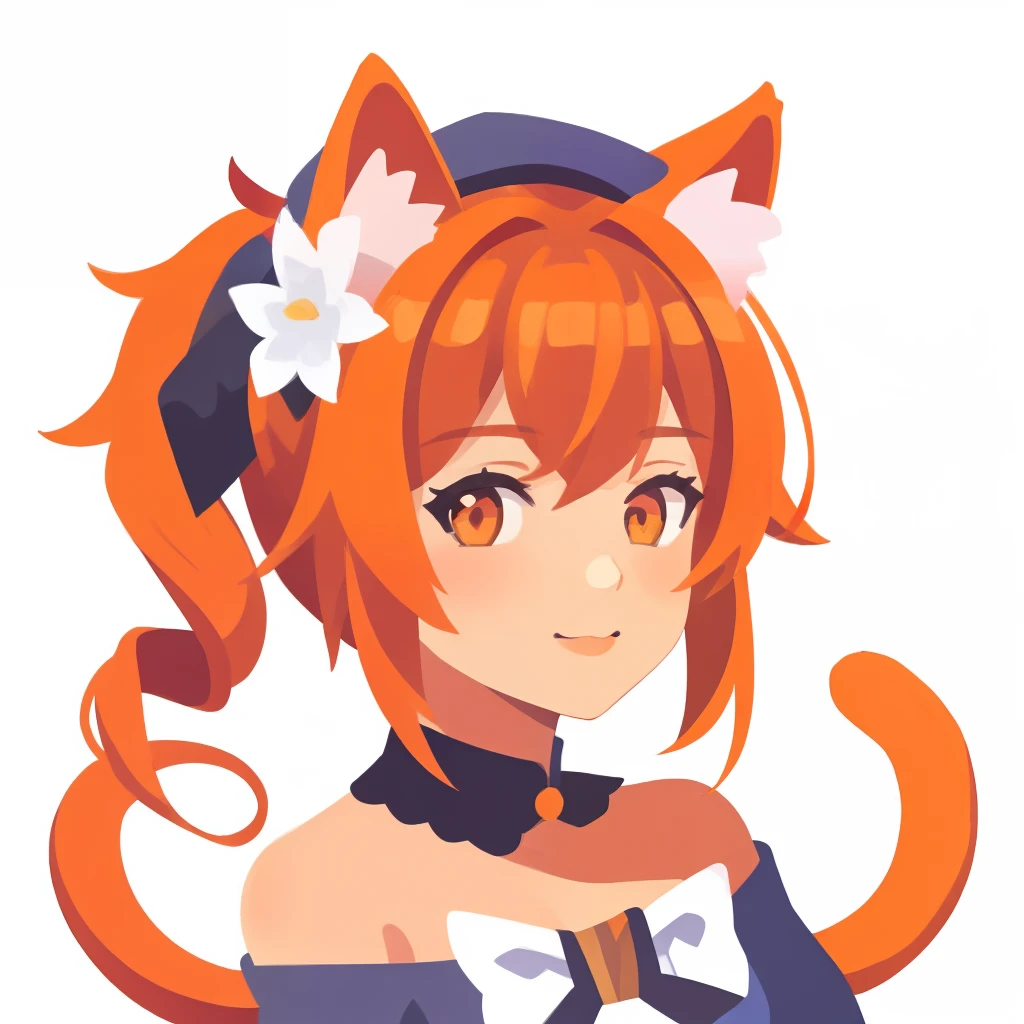 barbararnd, animal ears, fcat ears, cat girl, cat tail, hair flower, hair ornament, orange eyes, orange hair, short hair, tail, coloredic0n icon,