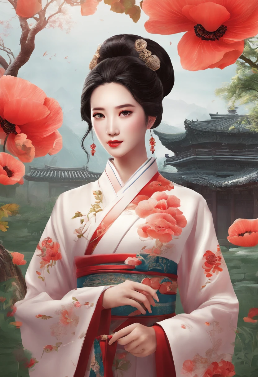 Xiaoman，Poppy flower，Poppy flower，Traditional Chinese garden，Woman standing next to the flower in Hanfu，Landscape of people